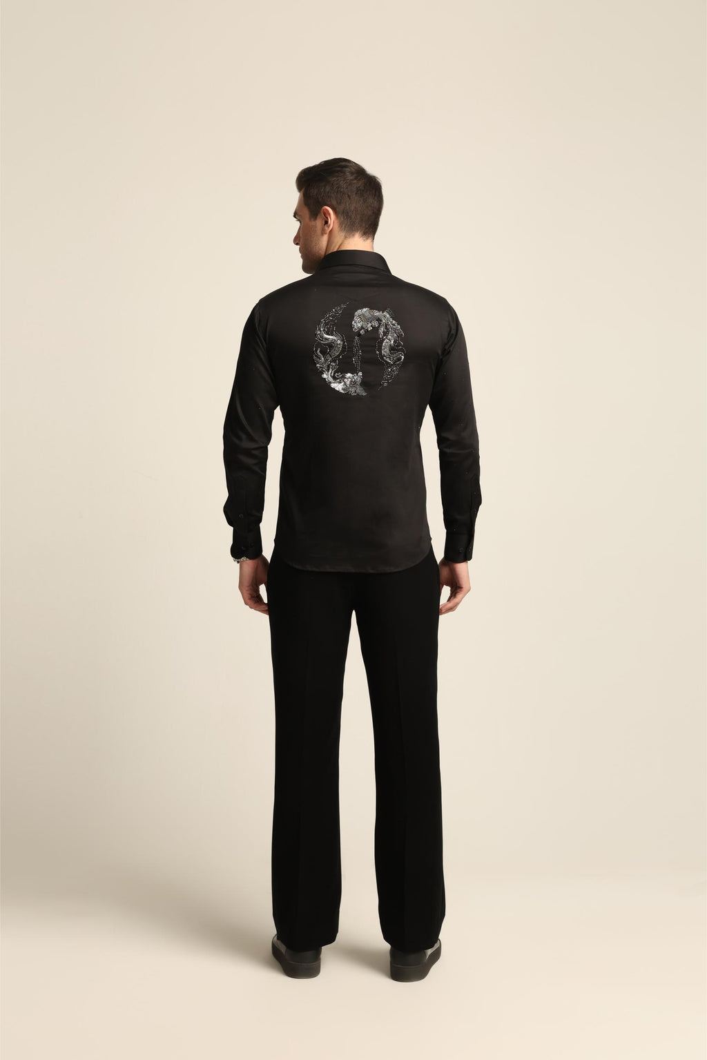 BLACK RHINESTONE DRAGON FISH YIN / YANG SHIRT