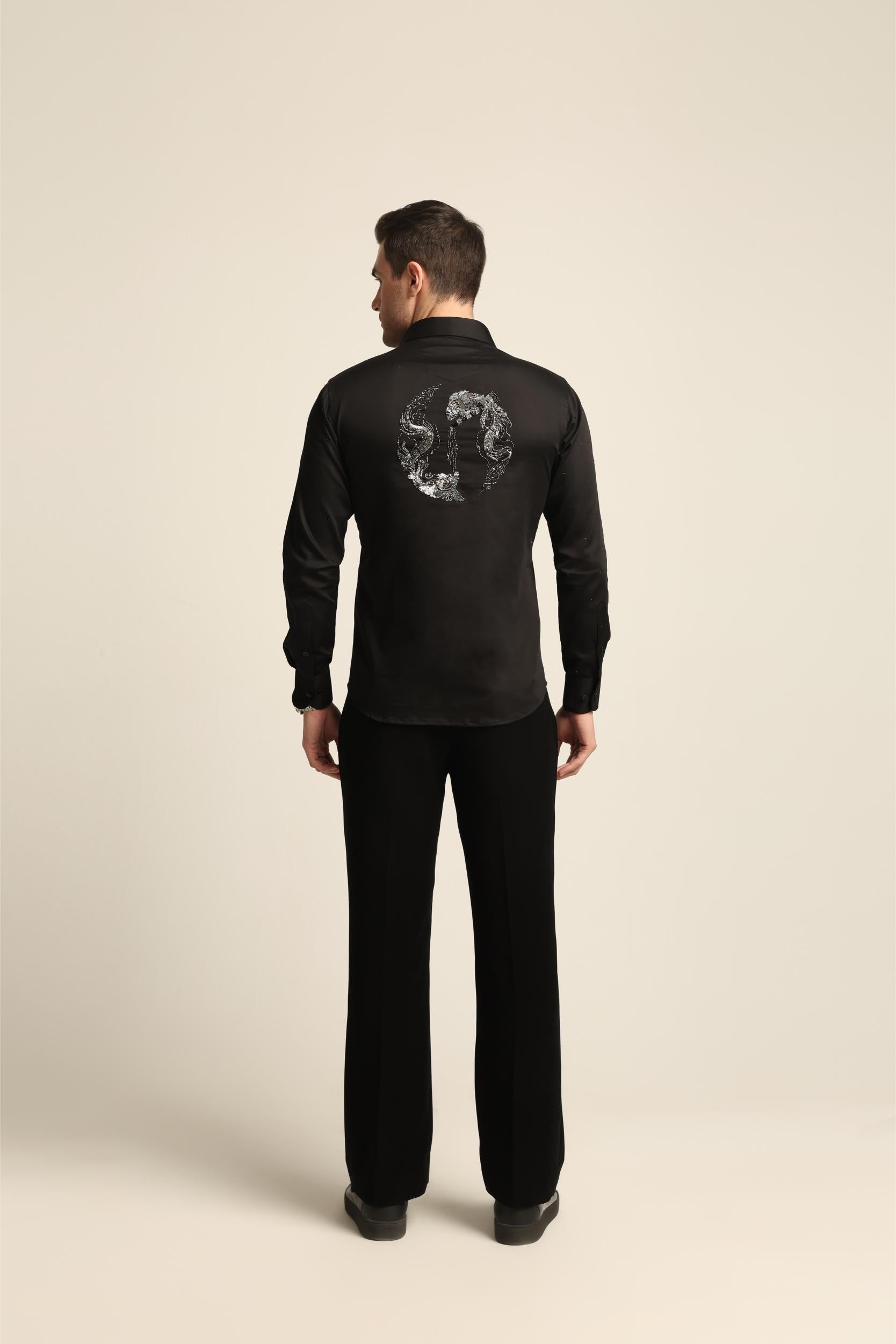 BLACK RHINESTONE DRAGON FISH YIN / YANG SHIRT