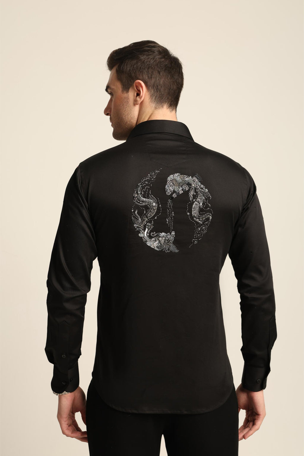 BLACK RHINESTONE DRAGON FISH YIN / YANG SHIRT