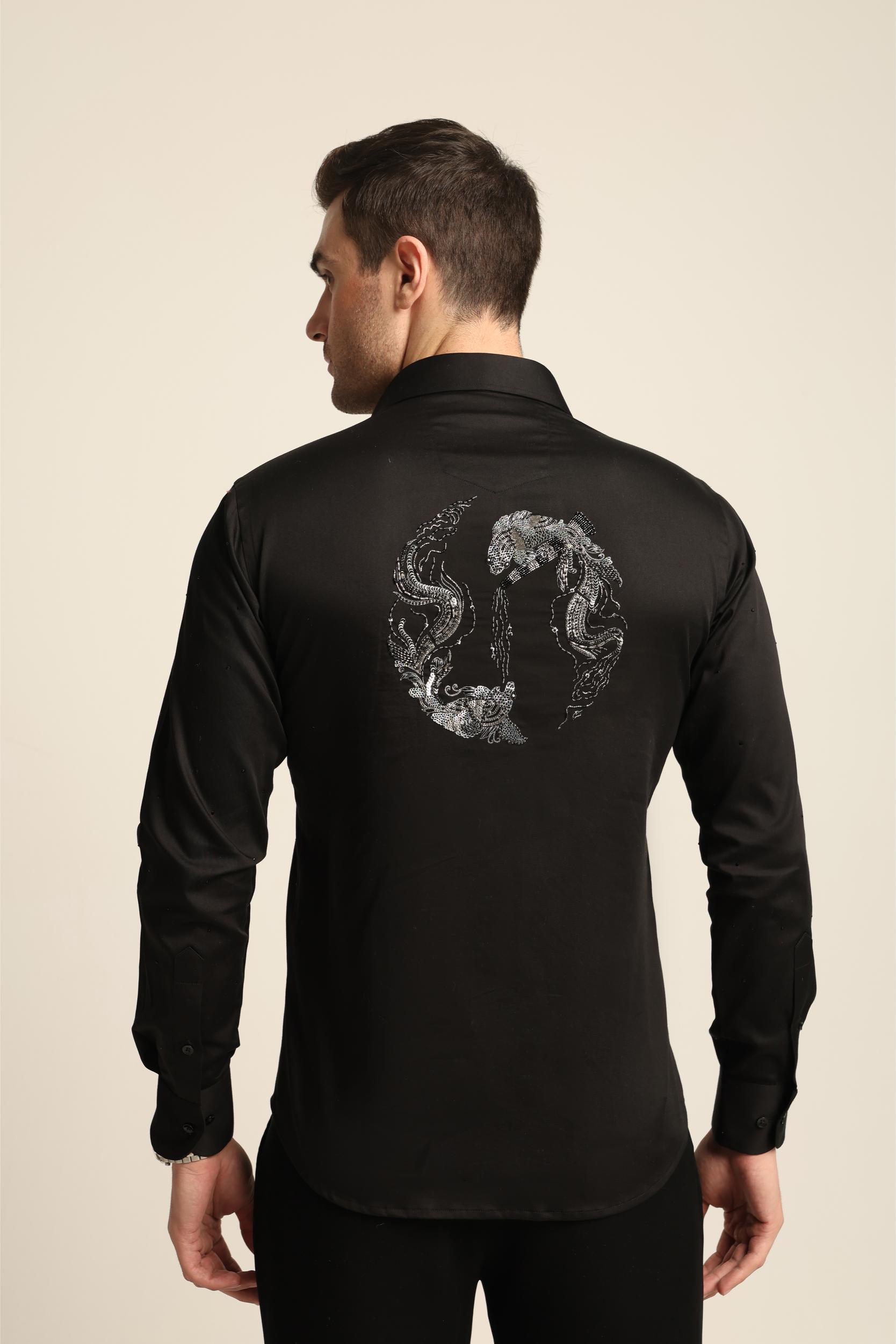 BLACK RHINESTONE DRAGON FISH YIN / YANG SHIRT
