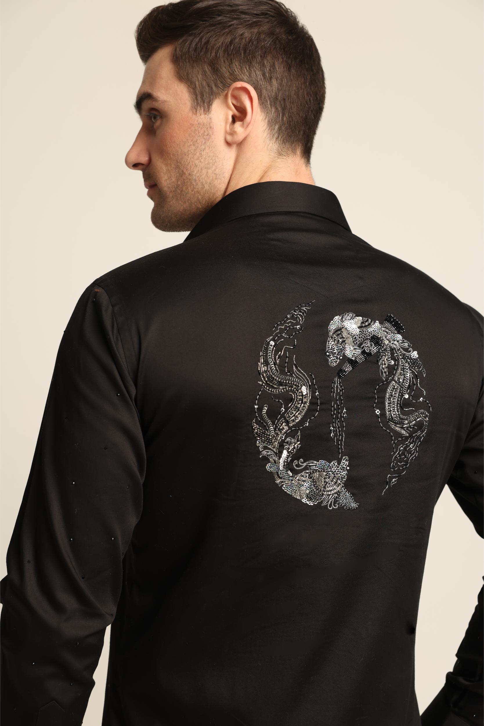 BLACK RHINESTONE DRAGON FISH YIN / YANG SHIRT