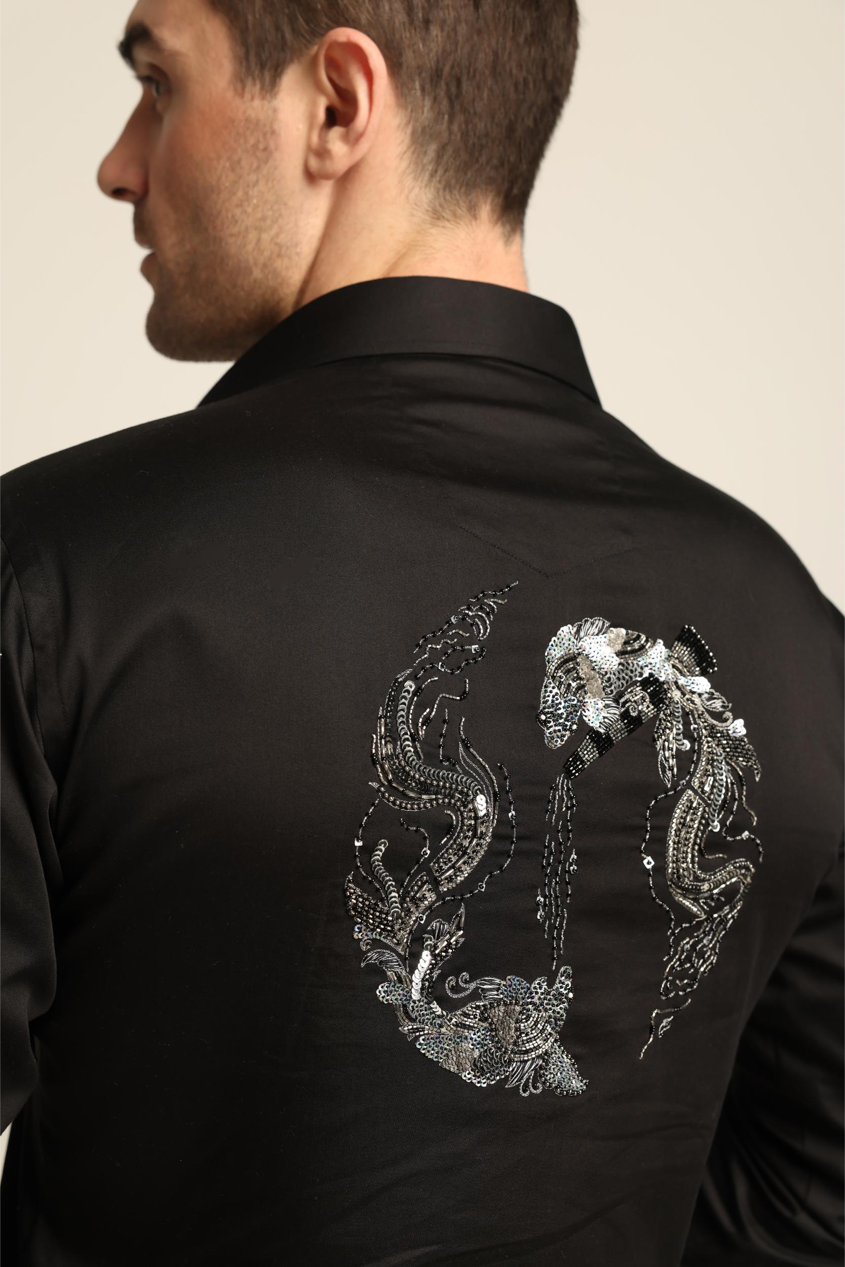 BLACK RHINESTONE DRAGON FISH YIN / YANG SHIRT