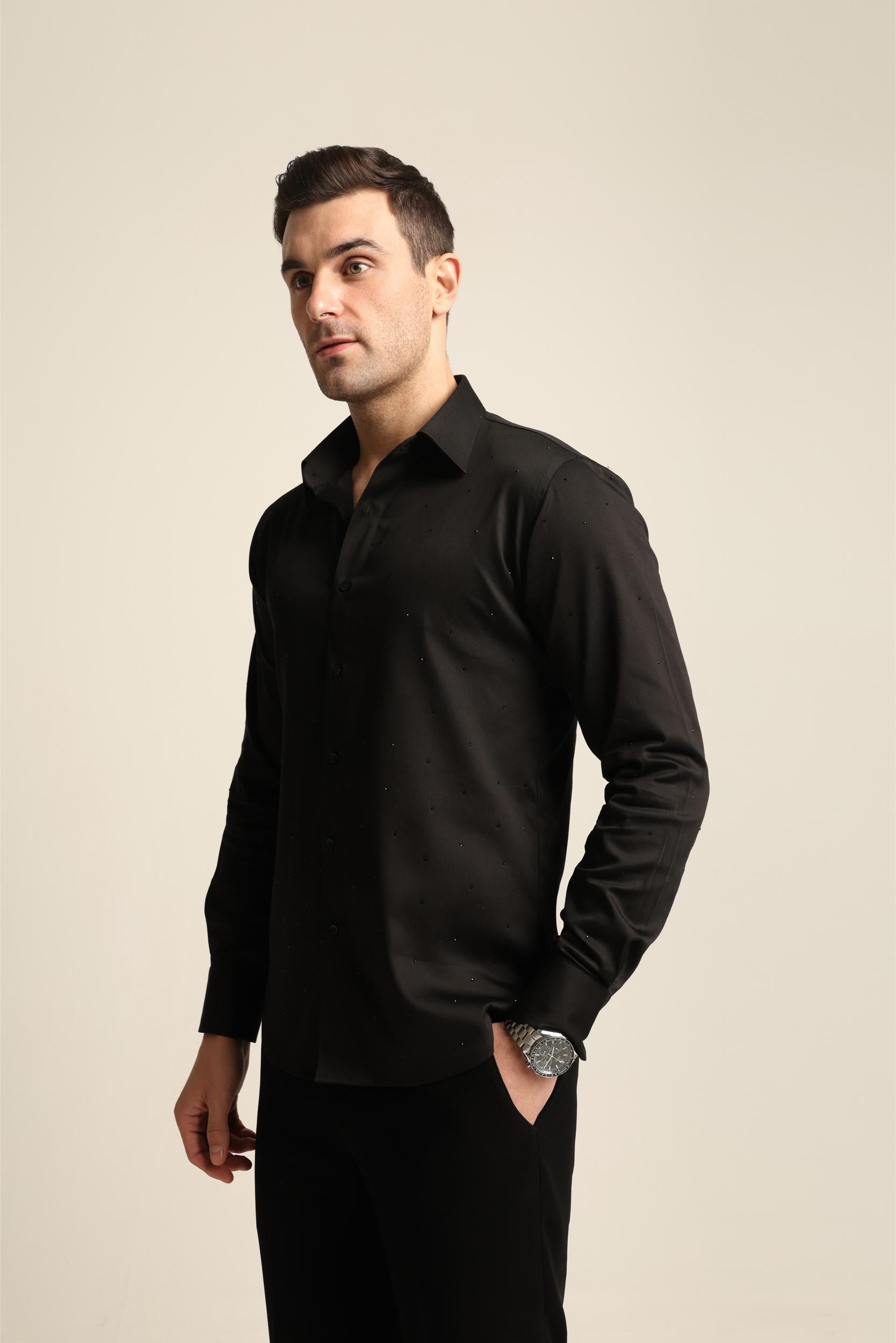 BLACK RHINESTONE DRAGON FISH YIN / YANG SHIRT