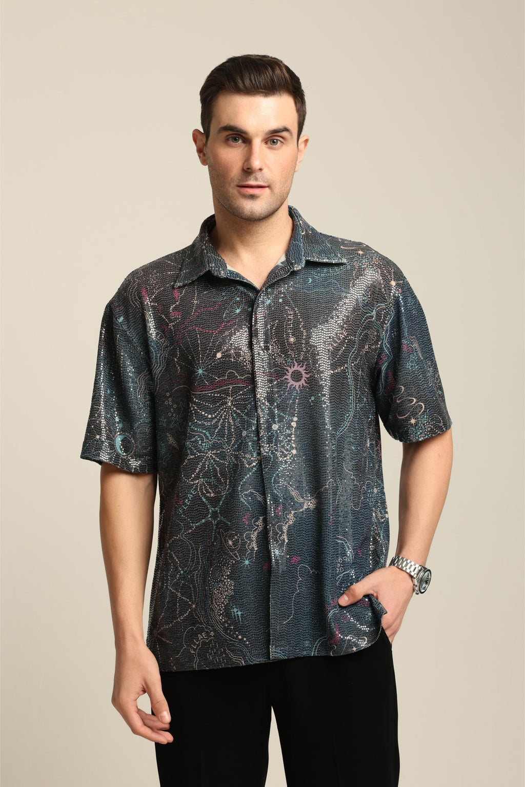 MAYA SEQUIN PRINTED PARTY SHIRT