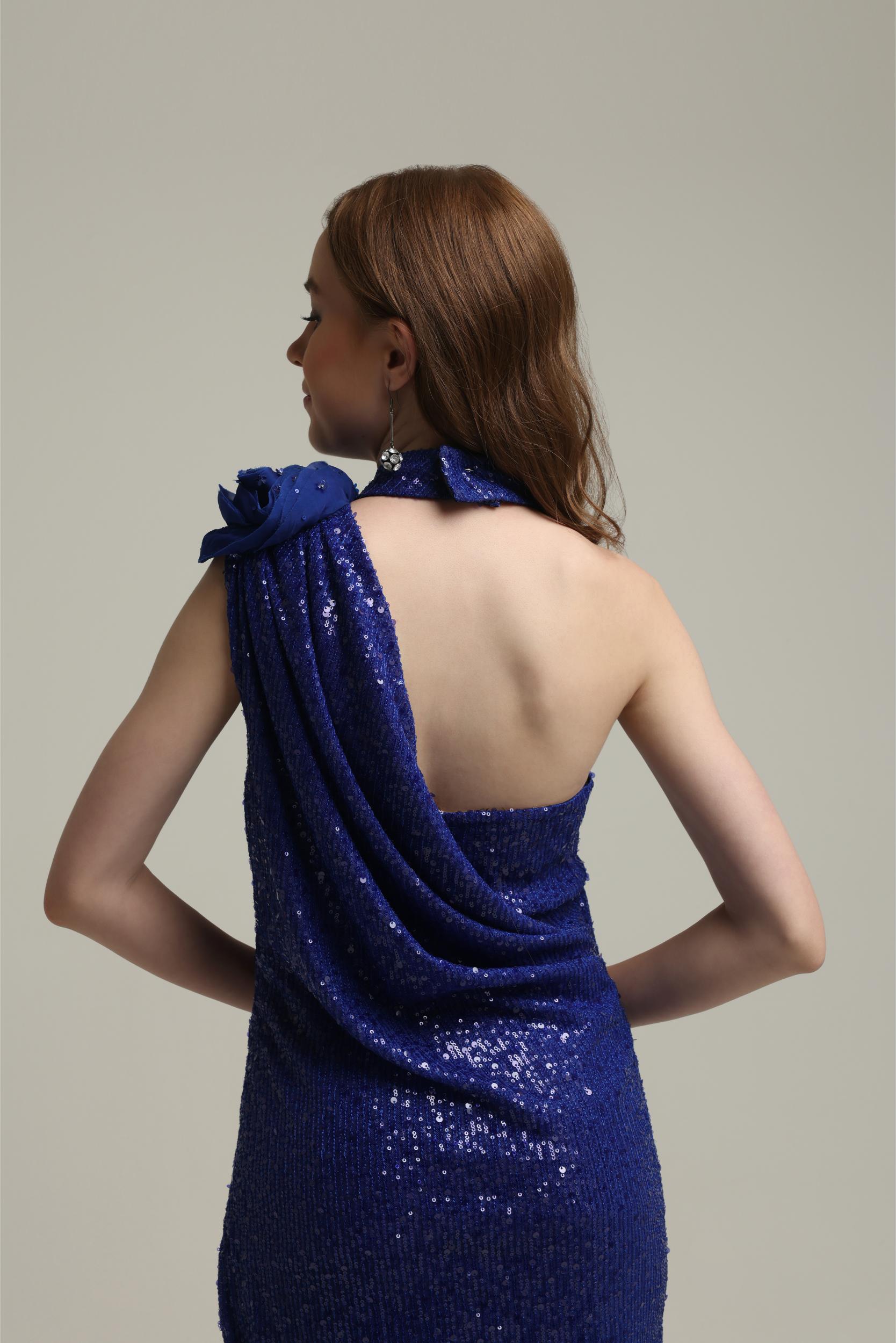 FREYA BLUE SEQUIN DRAPE DRESS
