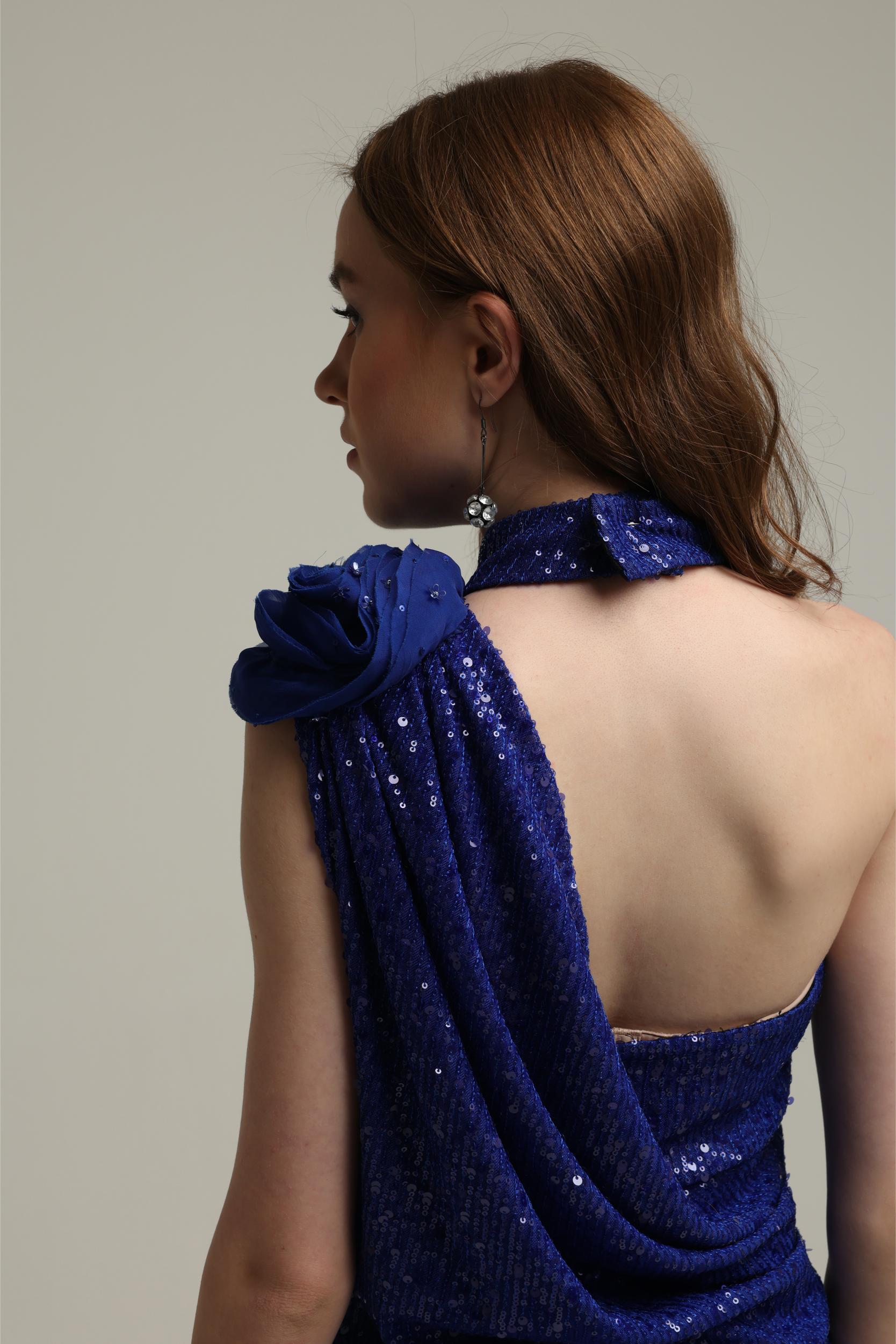 FREYA BLUE SEQUIN DRAPE DRESS