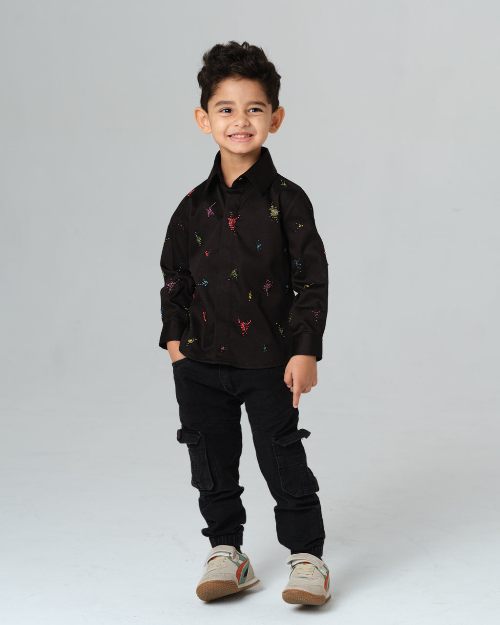 ENRICO BLACK COLORFUL SPLATTER HAND EMBROIDERED SHIRT BOY