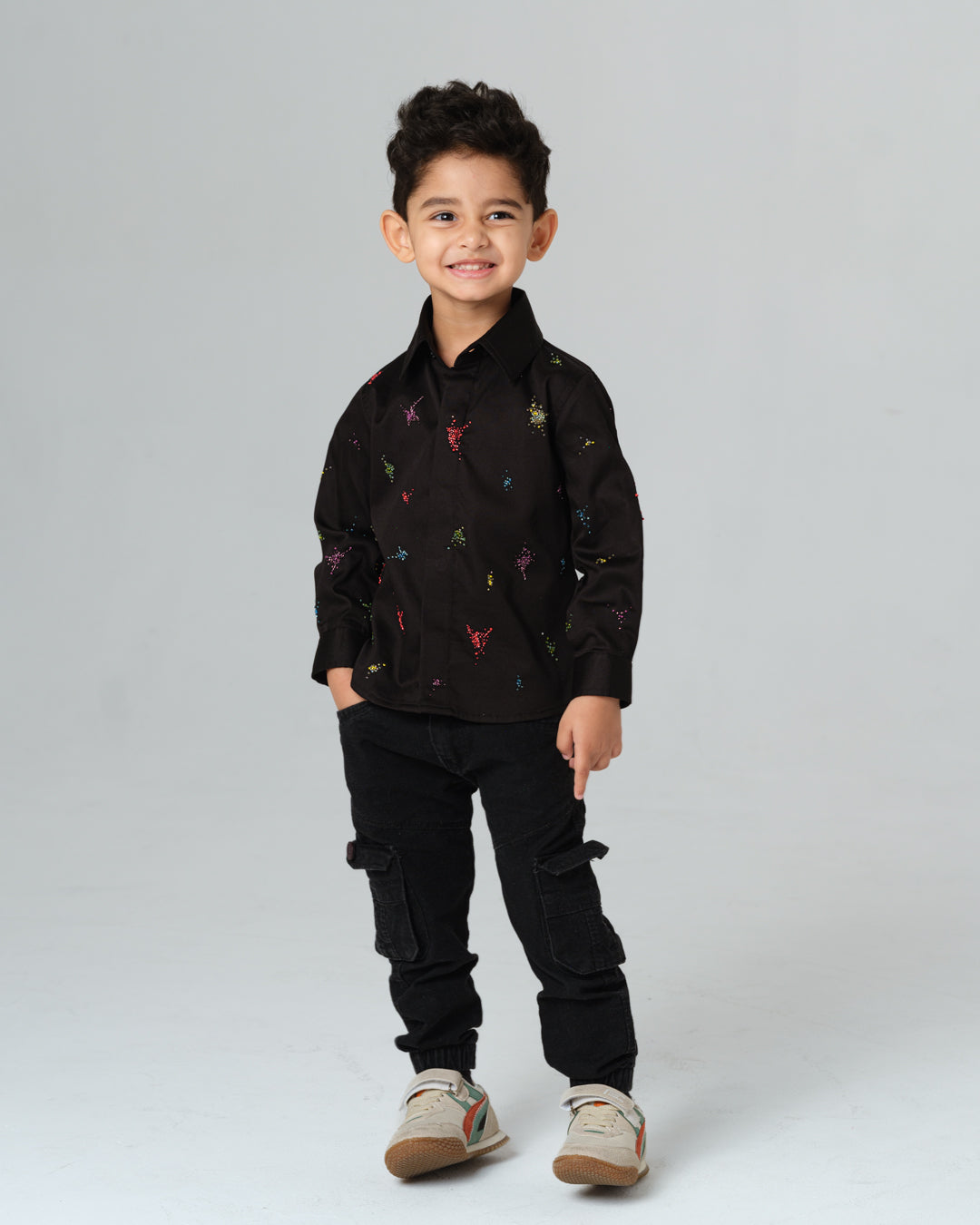 ENRICO BLACK COLORFUL SPLATTER HAND EMBROIDERED SHIRT BOY