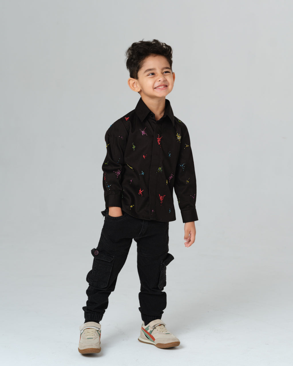 ENRICO BLACK COLORFUL SPLATTER HAND EMBROIDERED SHIRT BOY