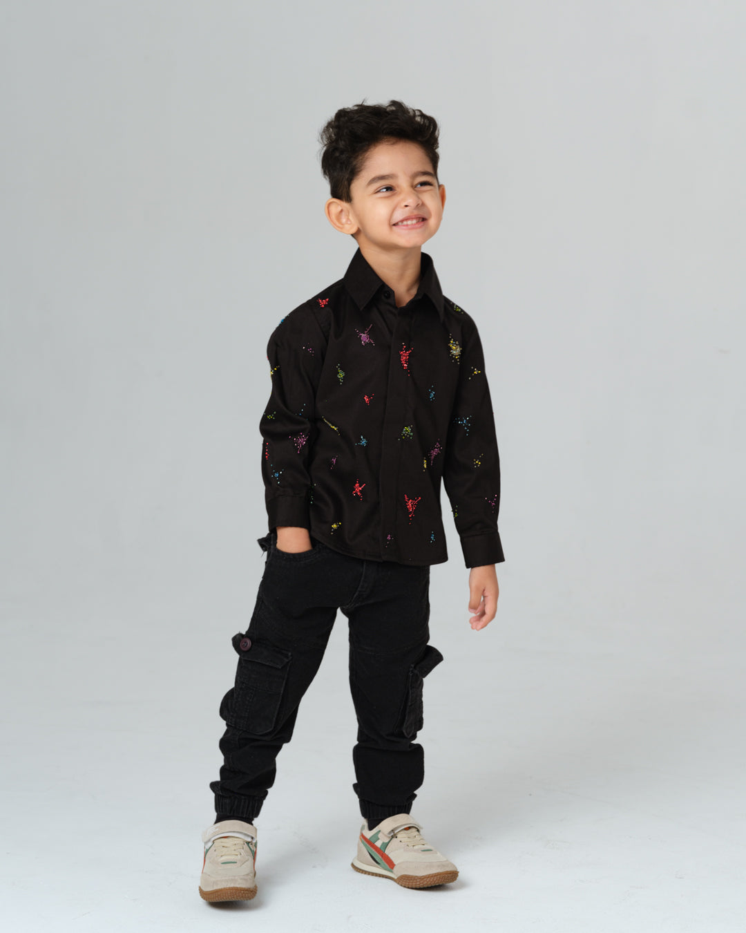 ENRICO BLACK COLORFUL SPLATTER HAND EMBROIDERED SHIRT BOY