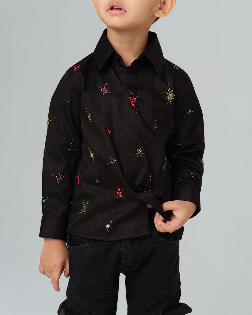 ENRICO BLACK COLORFUL SPLATTER HAND EMBROIDERED SHIRT BOY