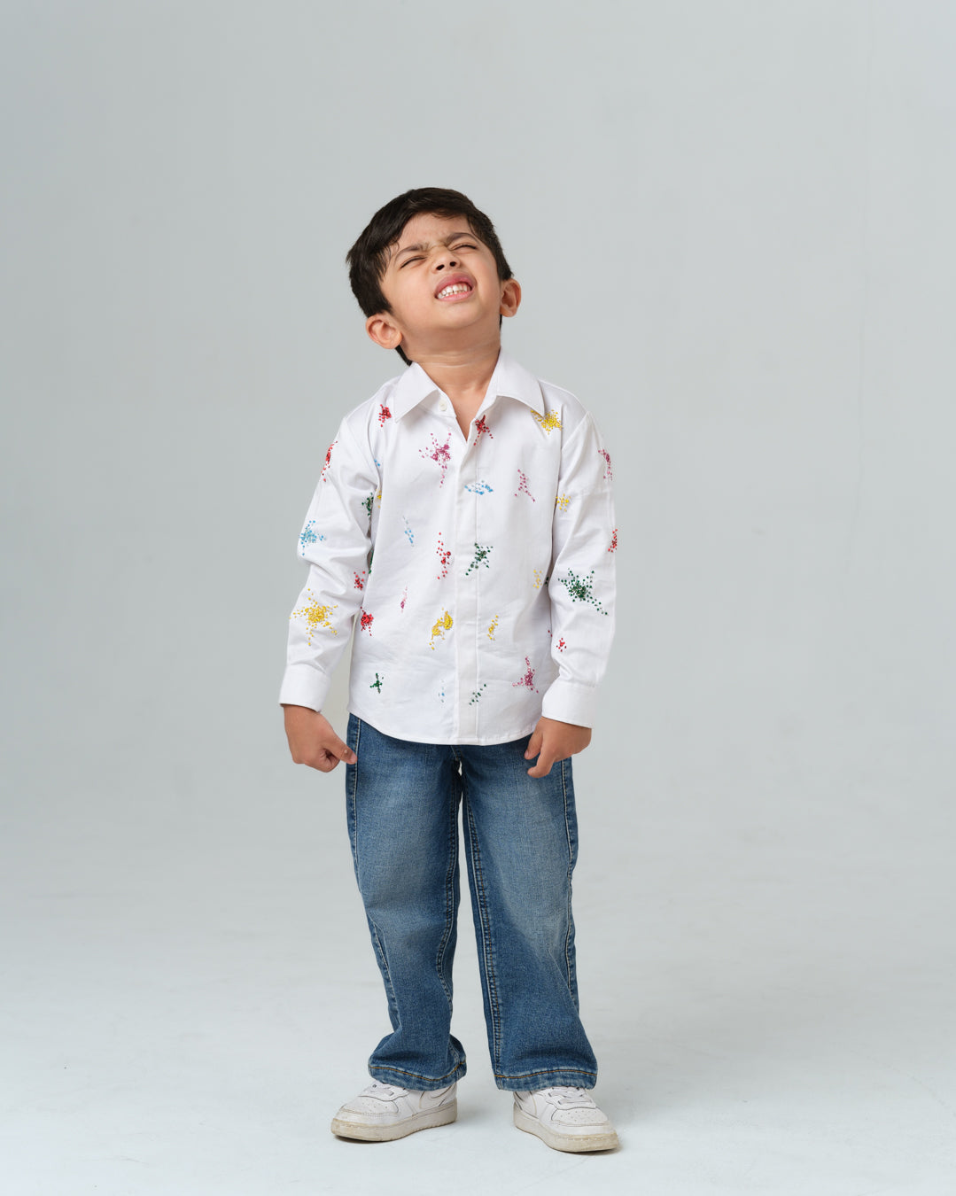 ENRICO WHITE COLORFUL SPLATTER HAND EMBROIDERED SHIRT BOY