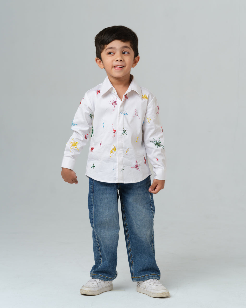 ENRICO WHITE COLORFUL SPLATTER HAND EMBROIDERED SHIRT BOY