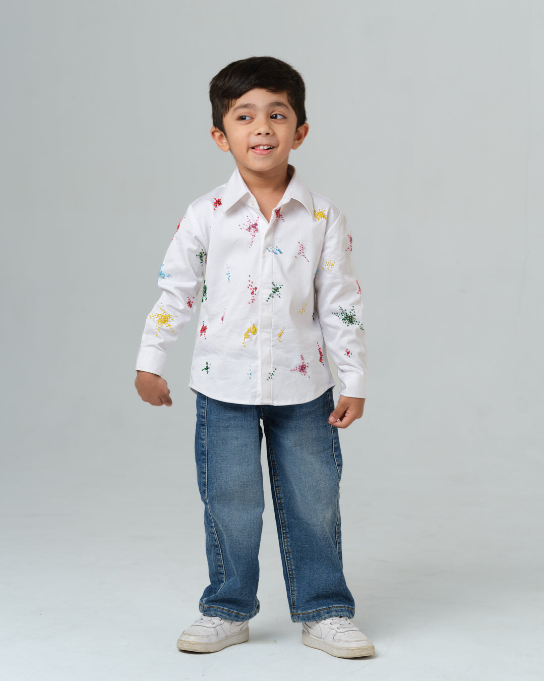 ENRICO WHITE COLORFUL SPLATTER HAND EMBROIDERED SHIRT BOY