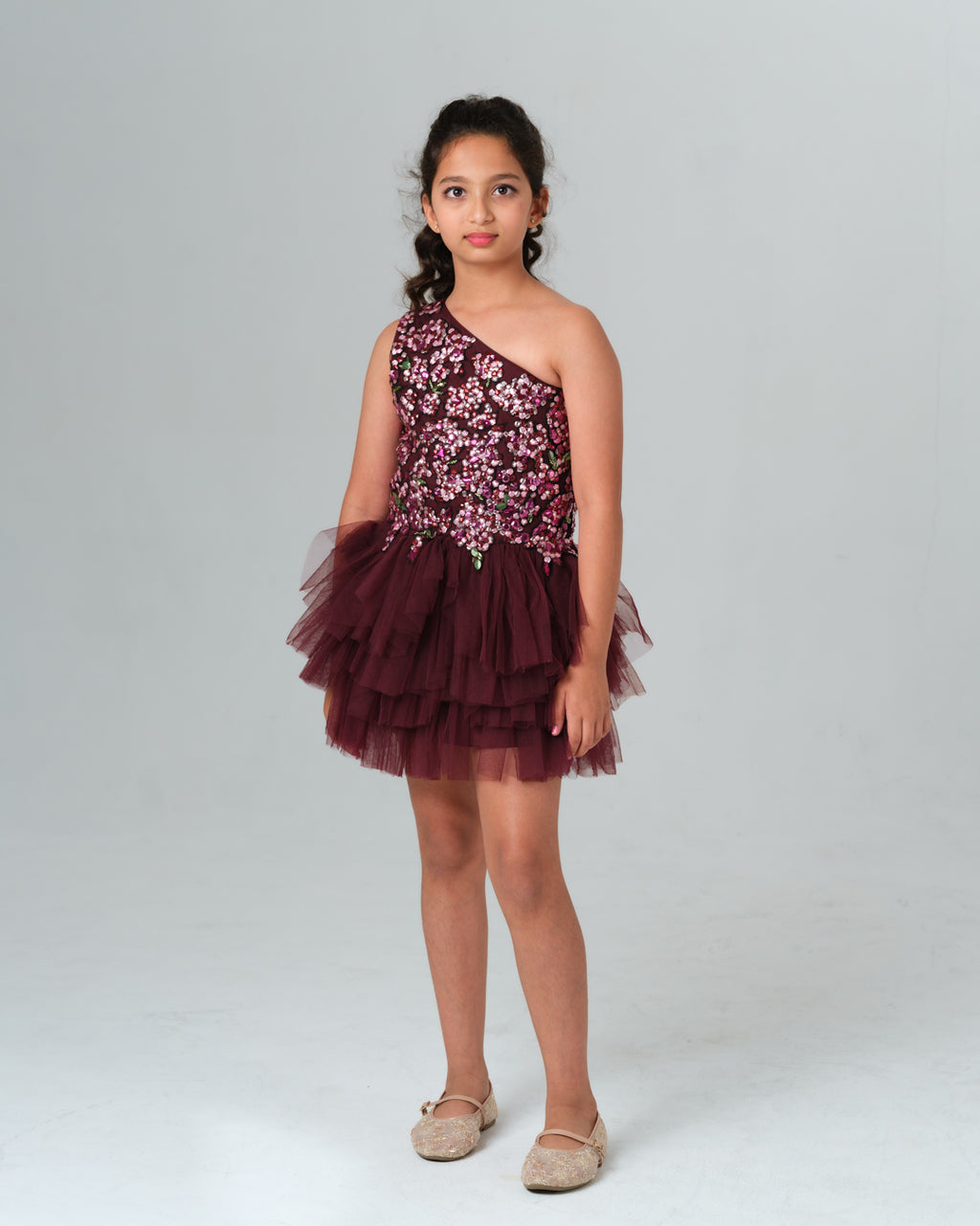 ESTELLA WINE RUFFLE DRESS MINI