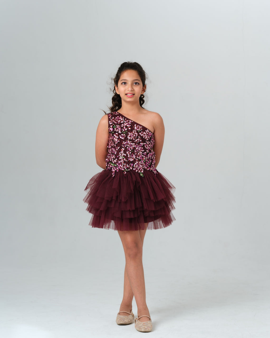 ESTELLA WINE RUFFLE DRESS MINI