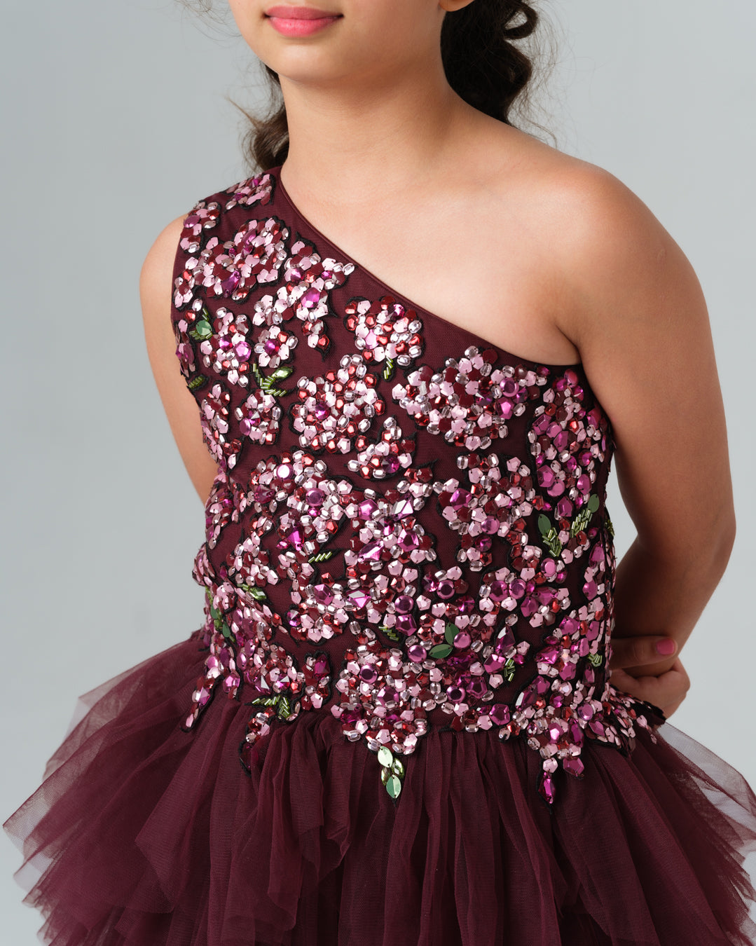 ESTELLA WINE RUFFLE DRESS MINI