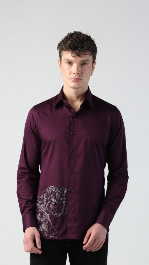 MARCO PURPLE WINE HEART PANTHER HAND EMBROIDERED SHIRT