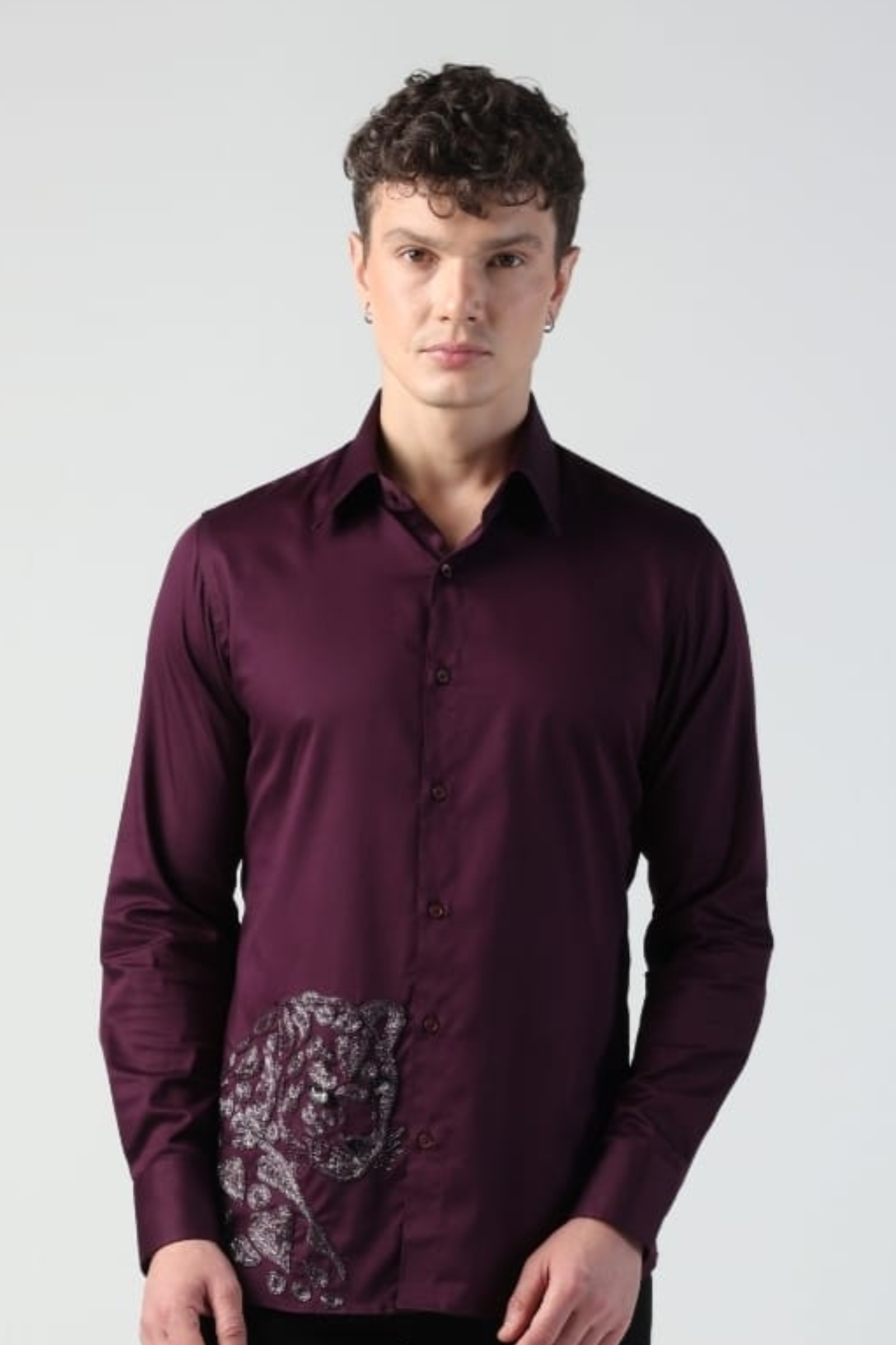 MARCO PURPLE WINE HEART PANTHER HAND EMBROIDERED SHIRT