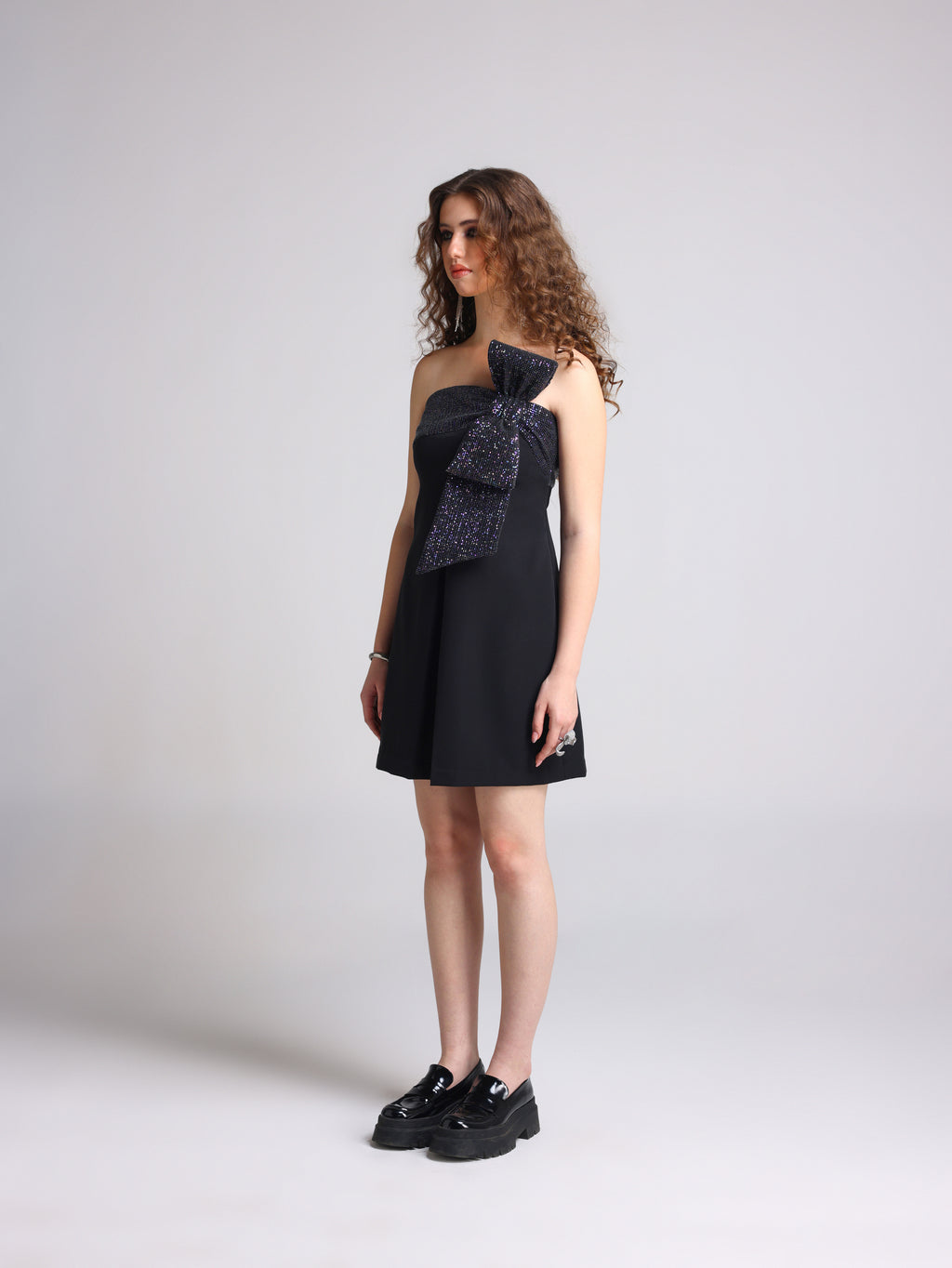 AMORE BLACK 3D MULTI SEQUIN BOW STRAPLESS DRESS