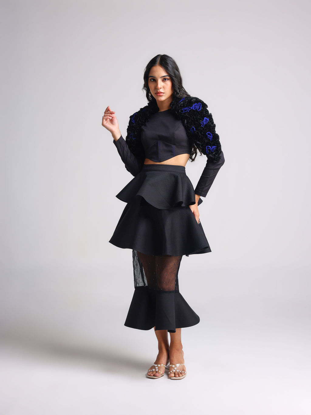 NOTTE BLACK 3D POWER SHOULDER CORSET TOP AND TIERED DETACHABLE SKIRT CO ORD SET