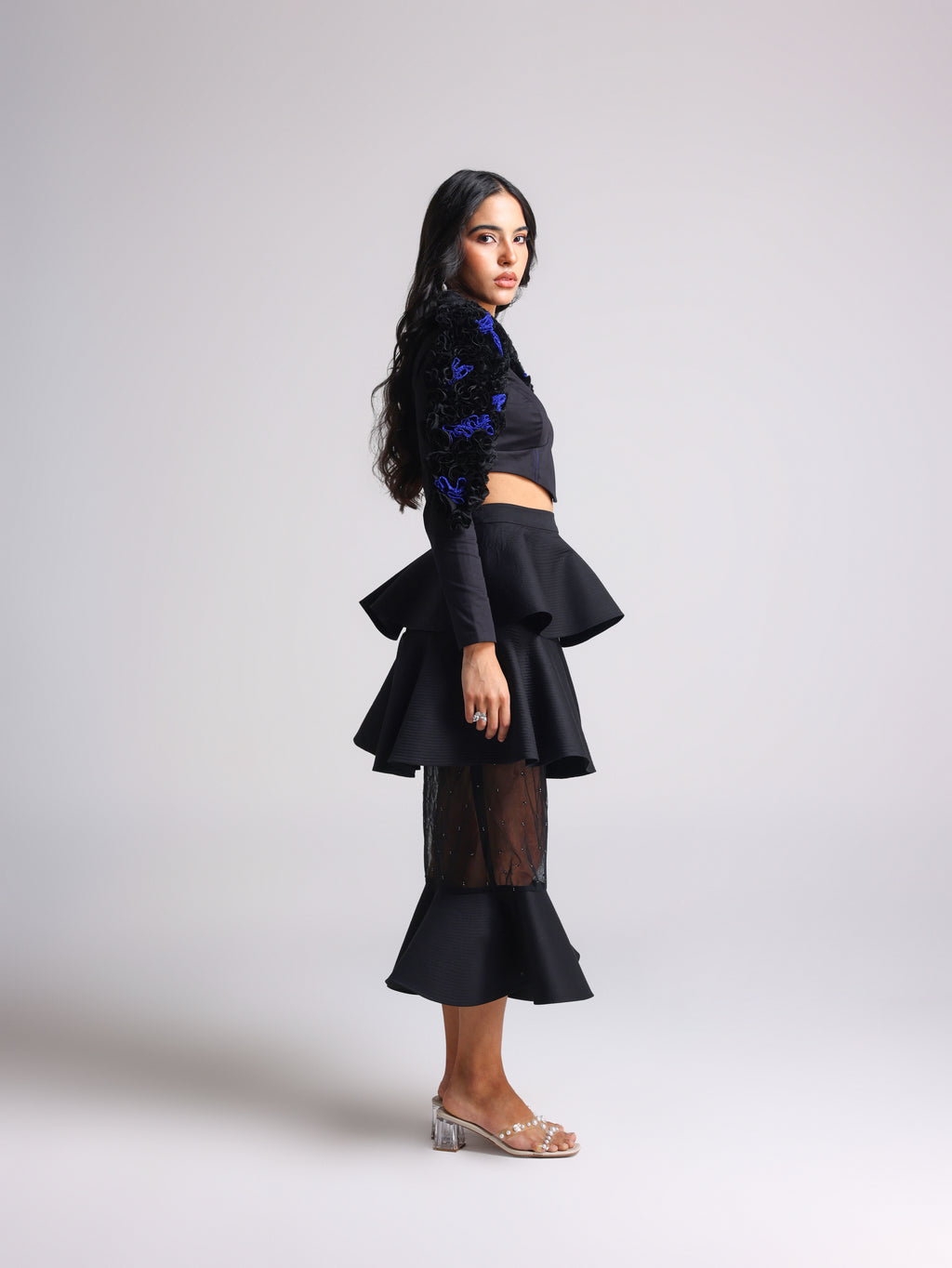 NOTTE BLACK 3D POWER SHOULDER CORSET TOP AND TIERED DETACHABLE SKIRT CO ORD SET