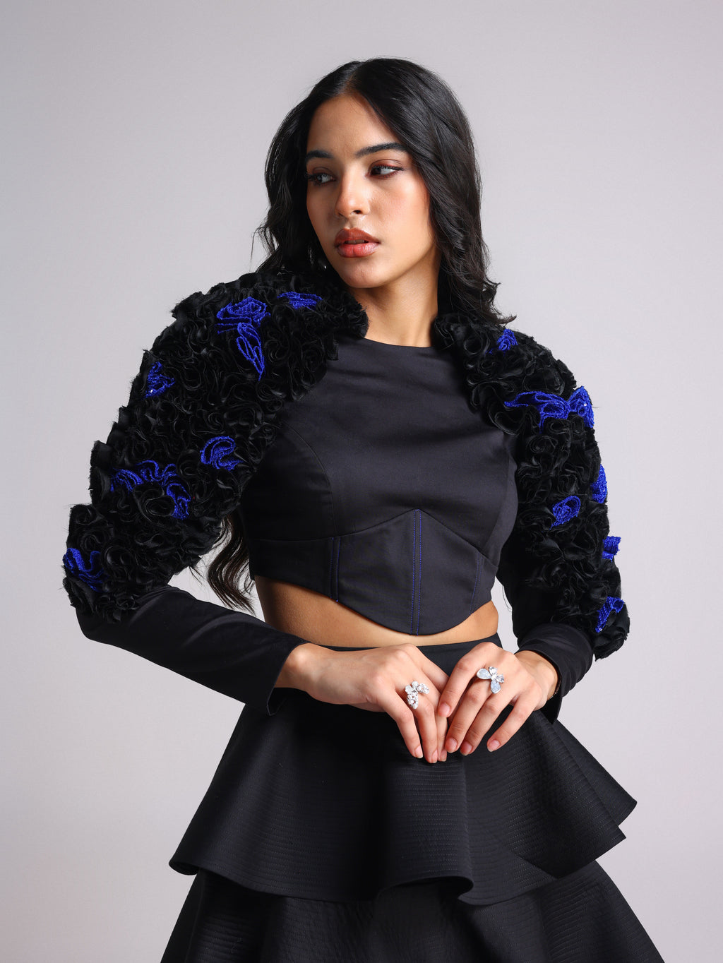 NOTTE BLACK AND BLUE 3D FLOWER APPLIQUÉ CORSET TOP