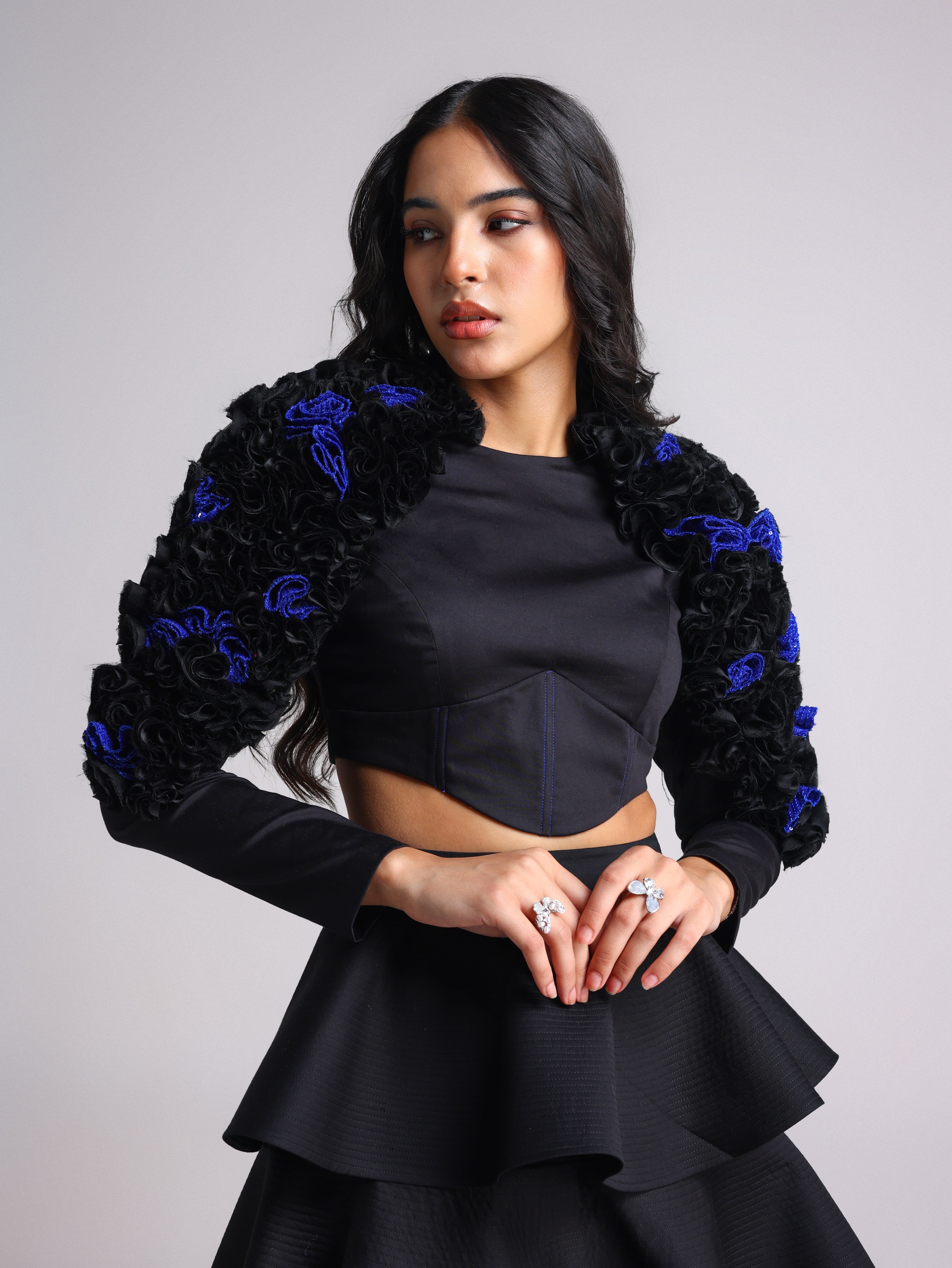 NOTTE BLACK AND BLUE 3D FLOWER APPLIQUÉ CORSET TOP