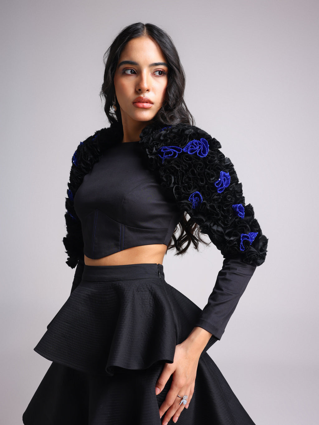 NOTTE BLACK AND BLUE 3D FLOWER APPLIQUÉ CORSET TOP