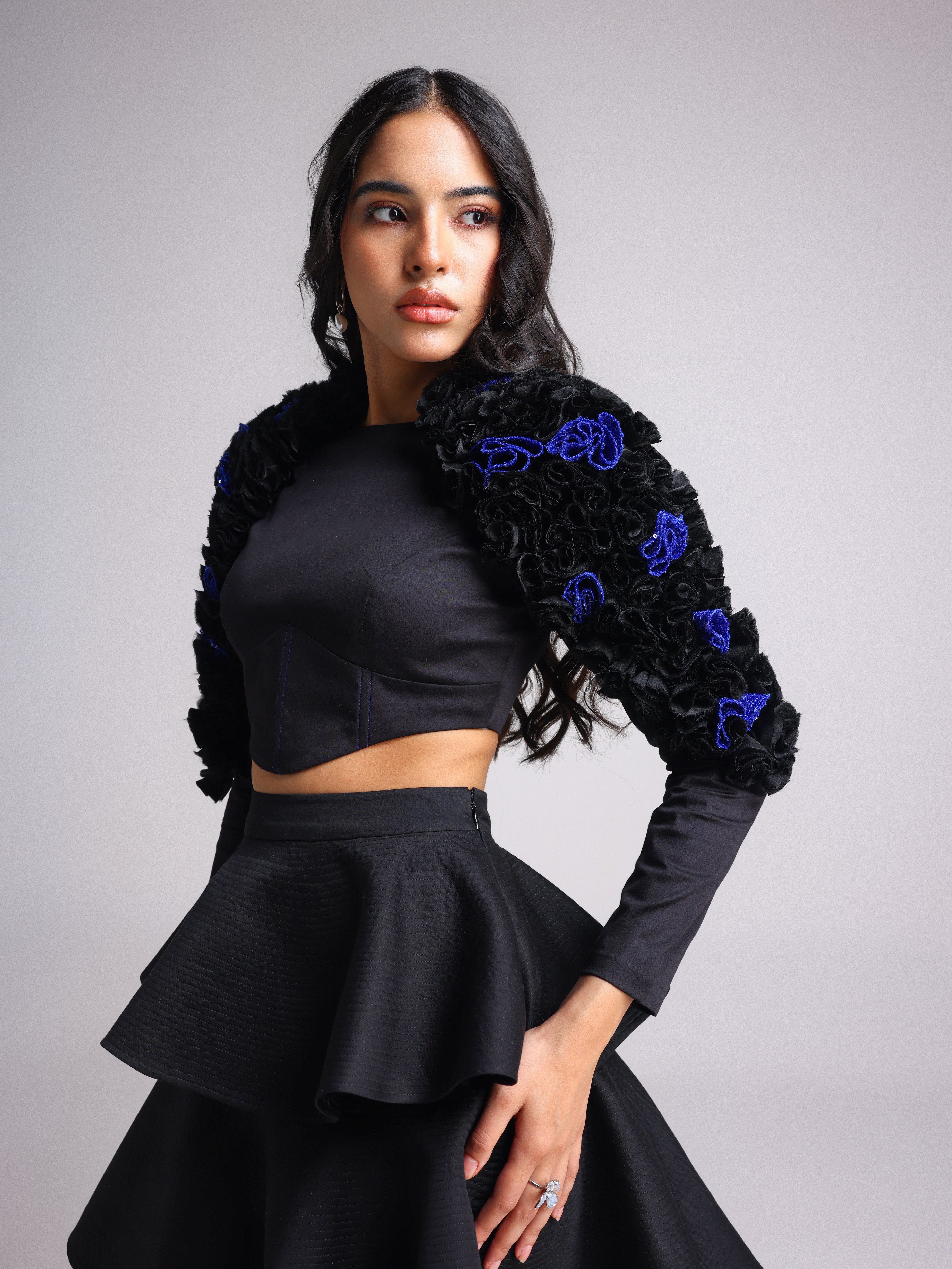 NOTTE BLACK 3D POWER SHOULDER CORSET TOP AND TIERED DETACHABLE SKIRT CO ORD SET