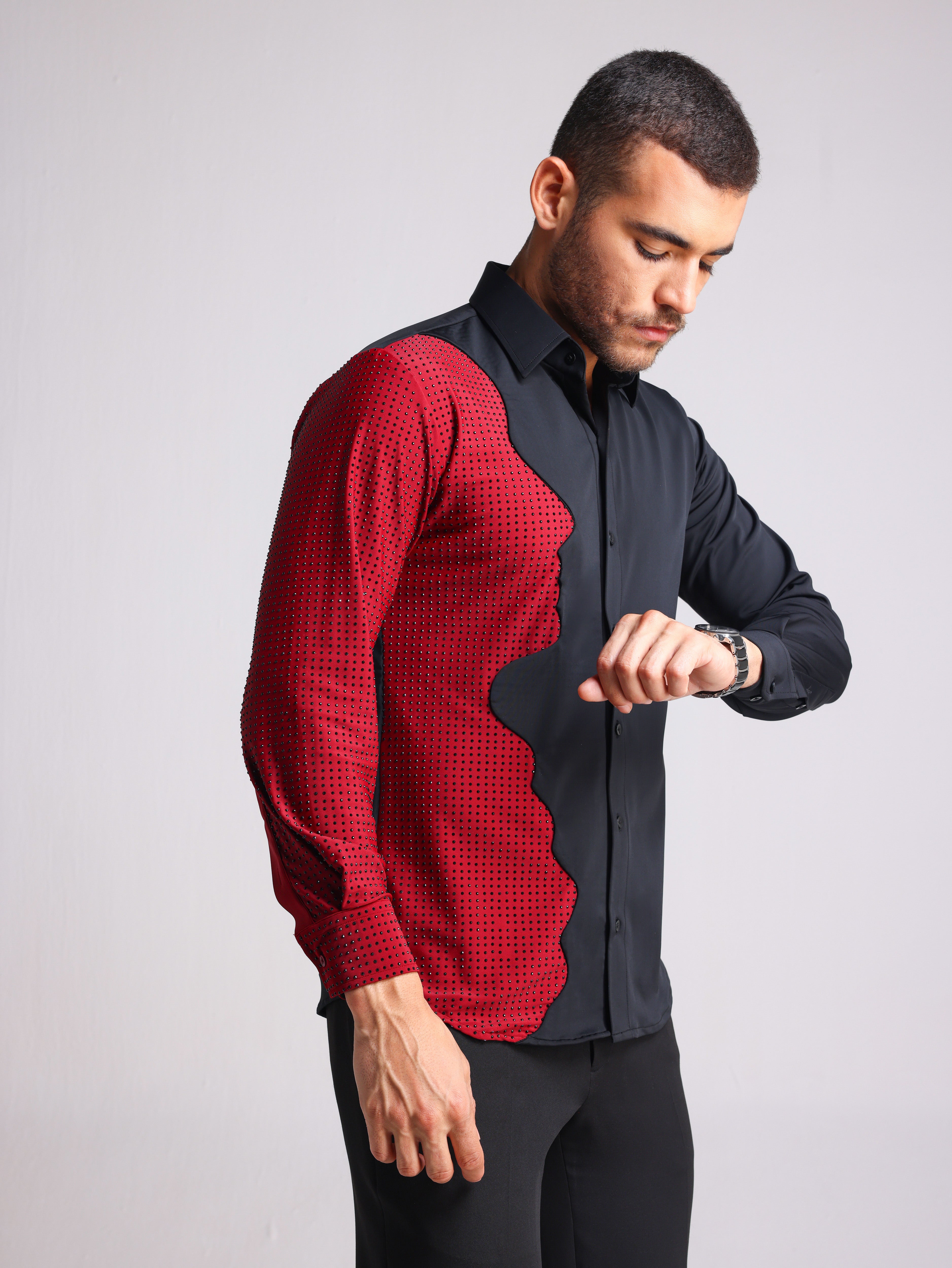 FESTA RED AND BLACK FACE DETAIL SWAROVSKI PARTY SHIRT – Fllae