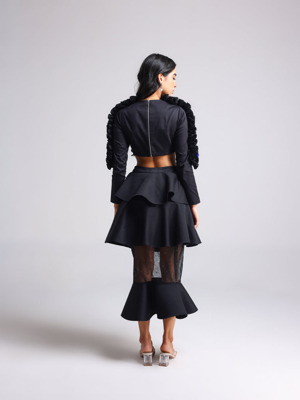 NOTTE BLACK 3D POWER SHOULDER CORSET TOP AND TIERED DETACHABLE SKIRT CO ORD SET
