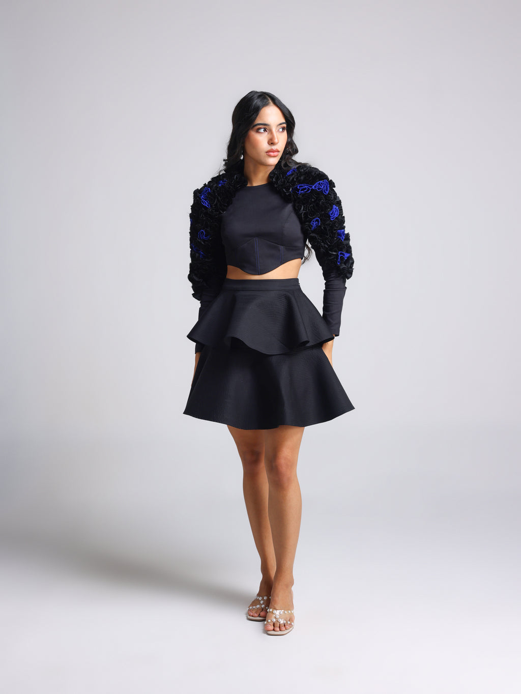 NATTY BLACK QUILTED RUFFLE TIERED DETACHABLE SKIRT