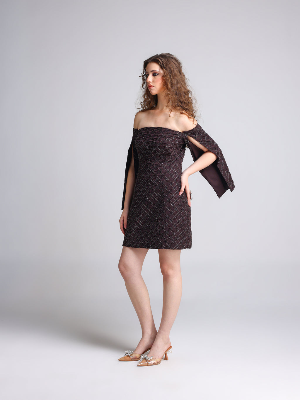 DIVINA BROWN OFF SHOULDER DRESS