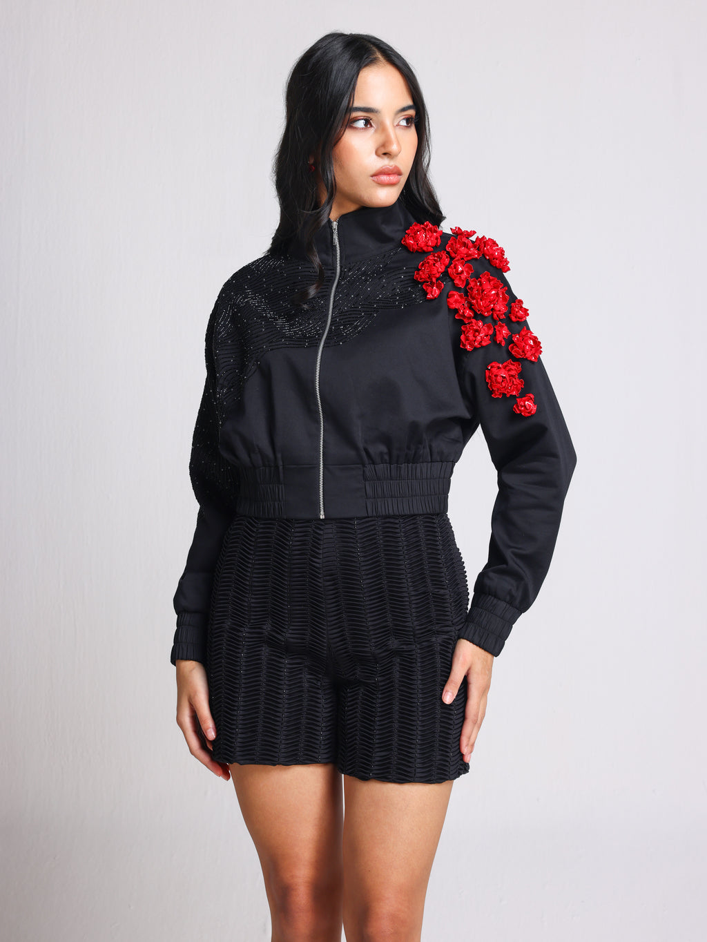 ELLESA BLACK 3D FLORAL PARTY BOMBER JACKET