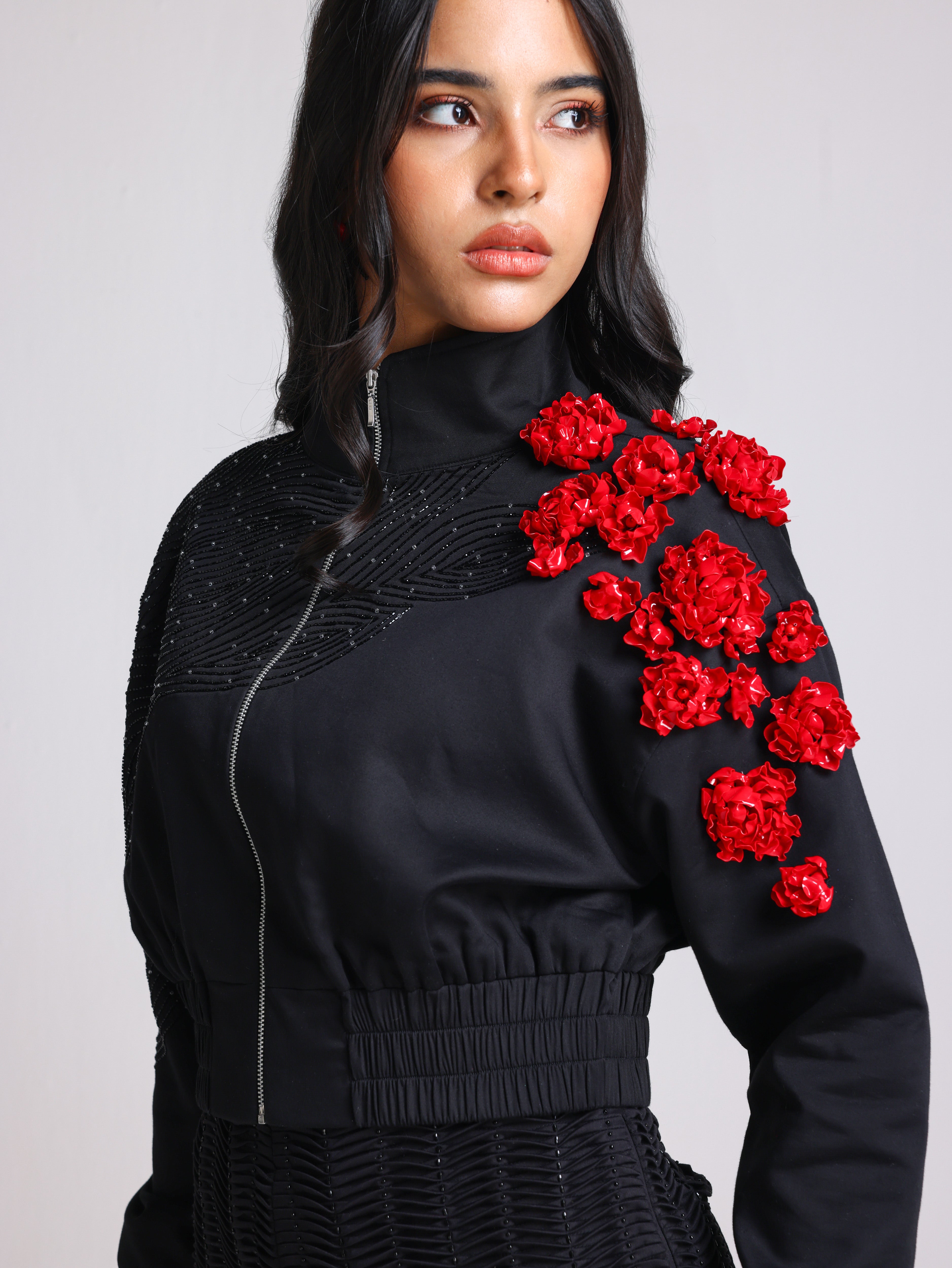ELLESA BLACK 3D FLORAL PARTY BOMBER JACKET