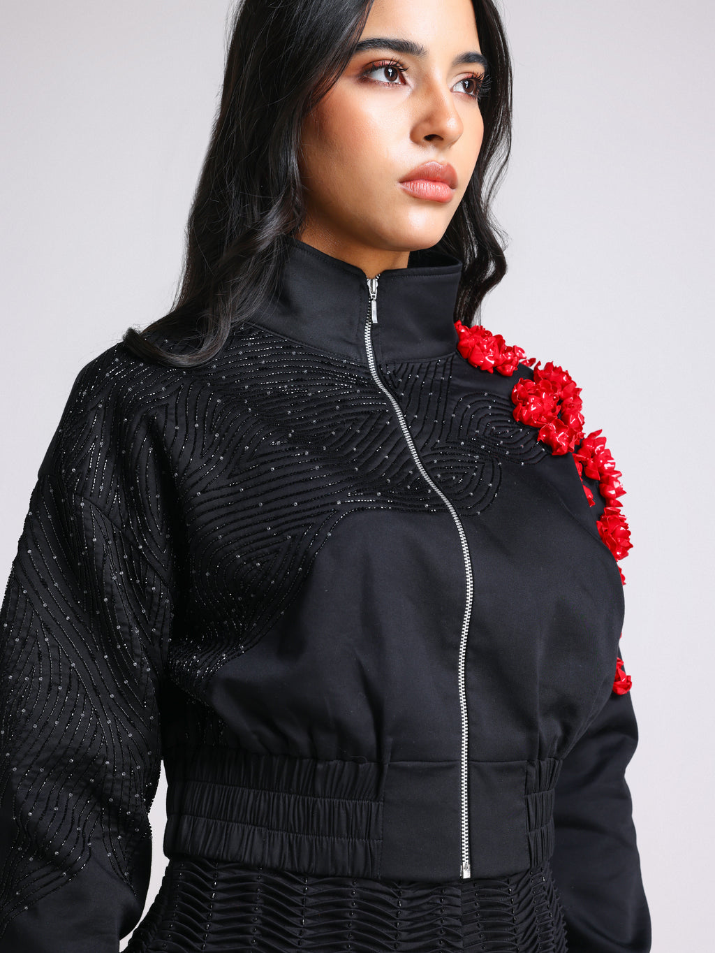 ELLESA BLACK 3D FLORAL PARTY BOMBER JACKET