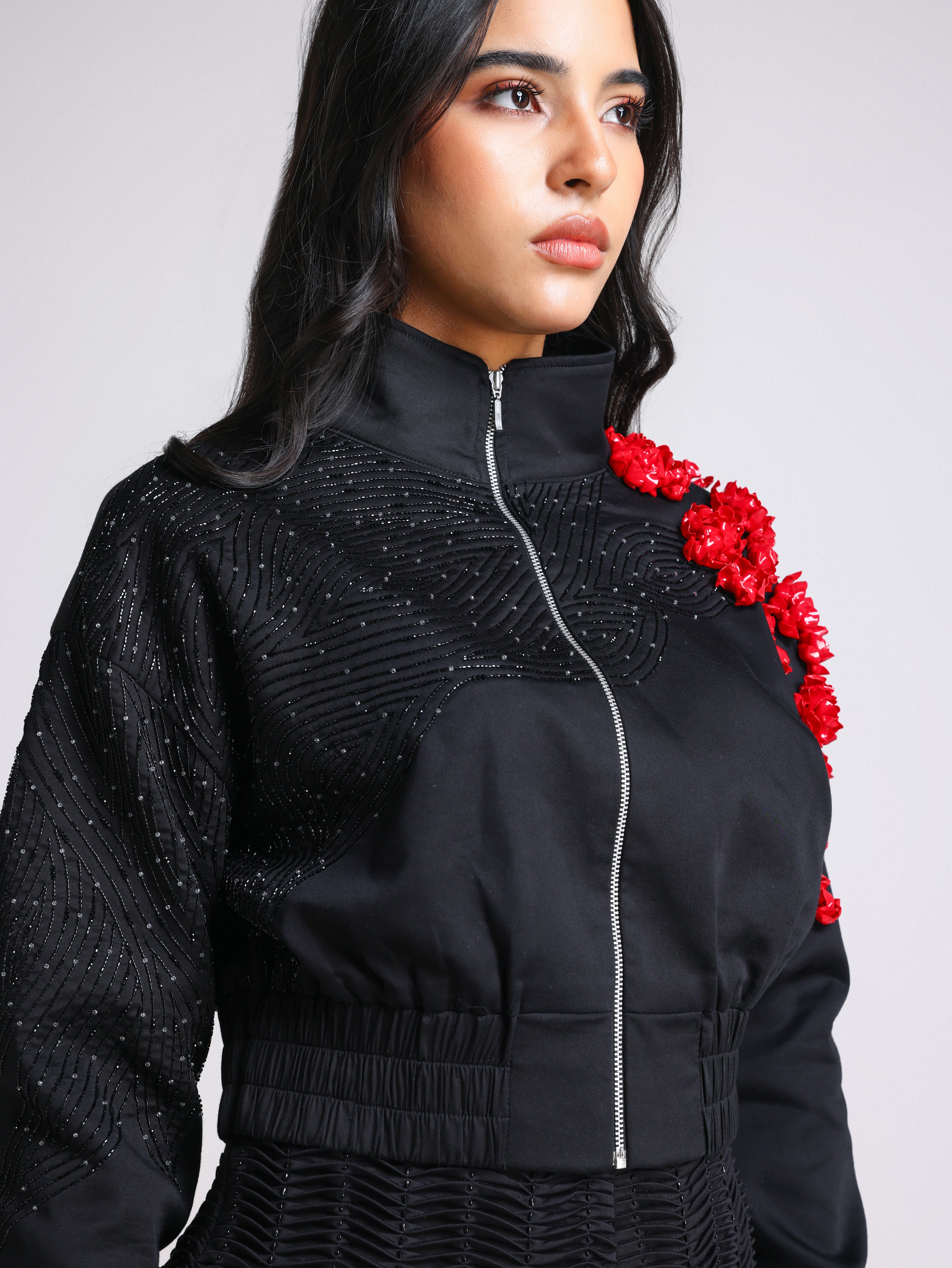 ELLESA BLACK 3D FLORAL PARTY BOMBER JACKET