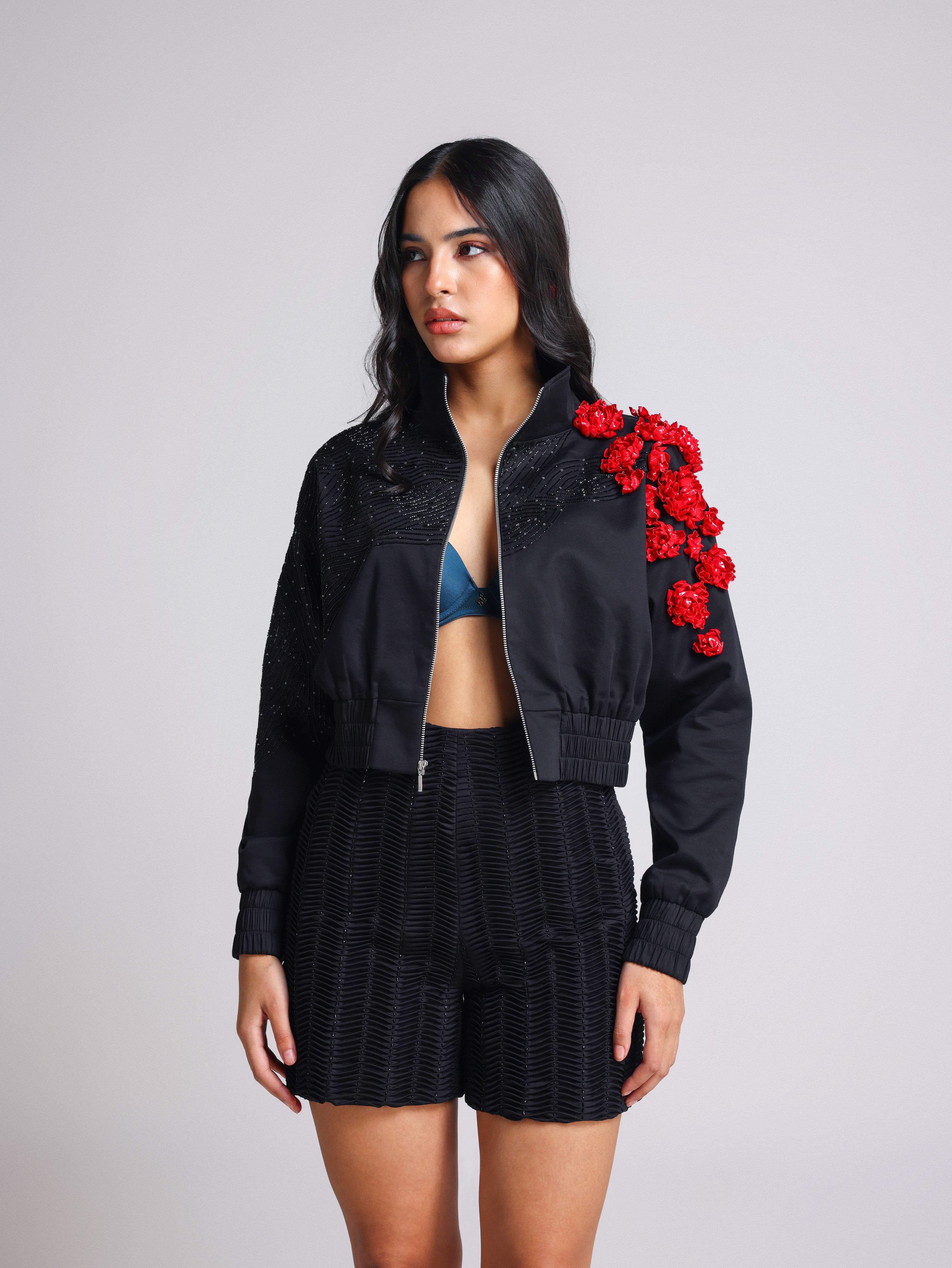ELLESA BLACK 3D FLORAL PARTY BOMBER JACKET