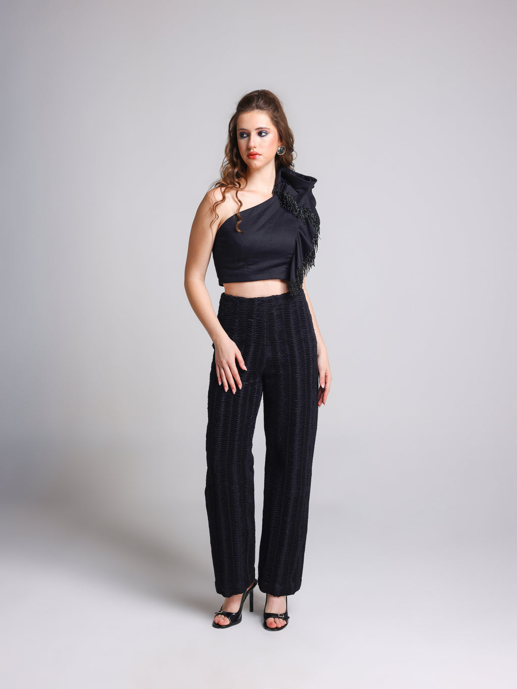 RIVELLE ROSETTE BLACK RUFFLE TOP AND BLACK BLING PANTS SET