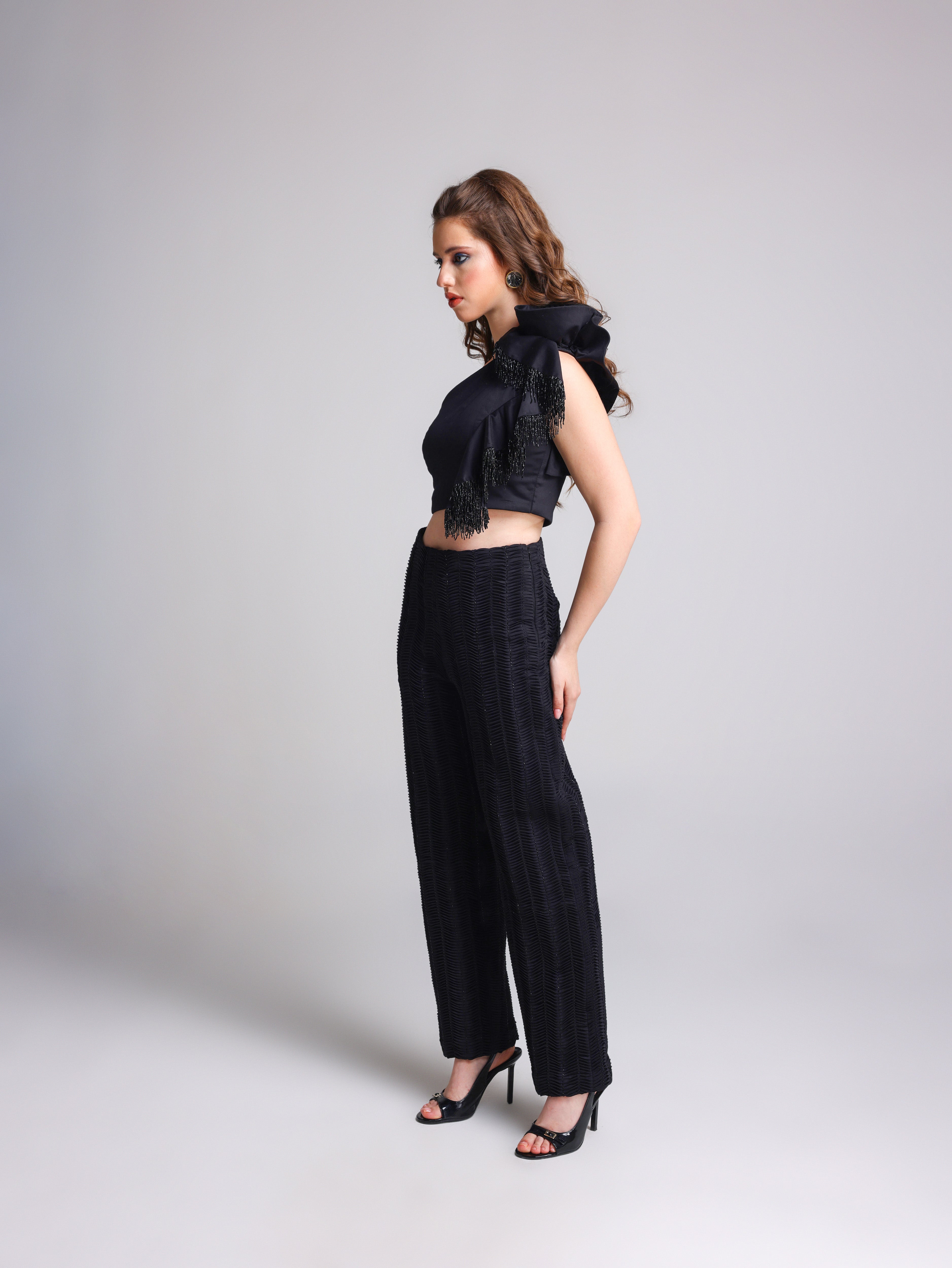 RIVELLE ROSETTE BLACK RUFFLE TOP AND BLACK BLING PANTS SET