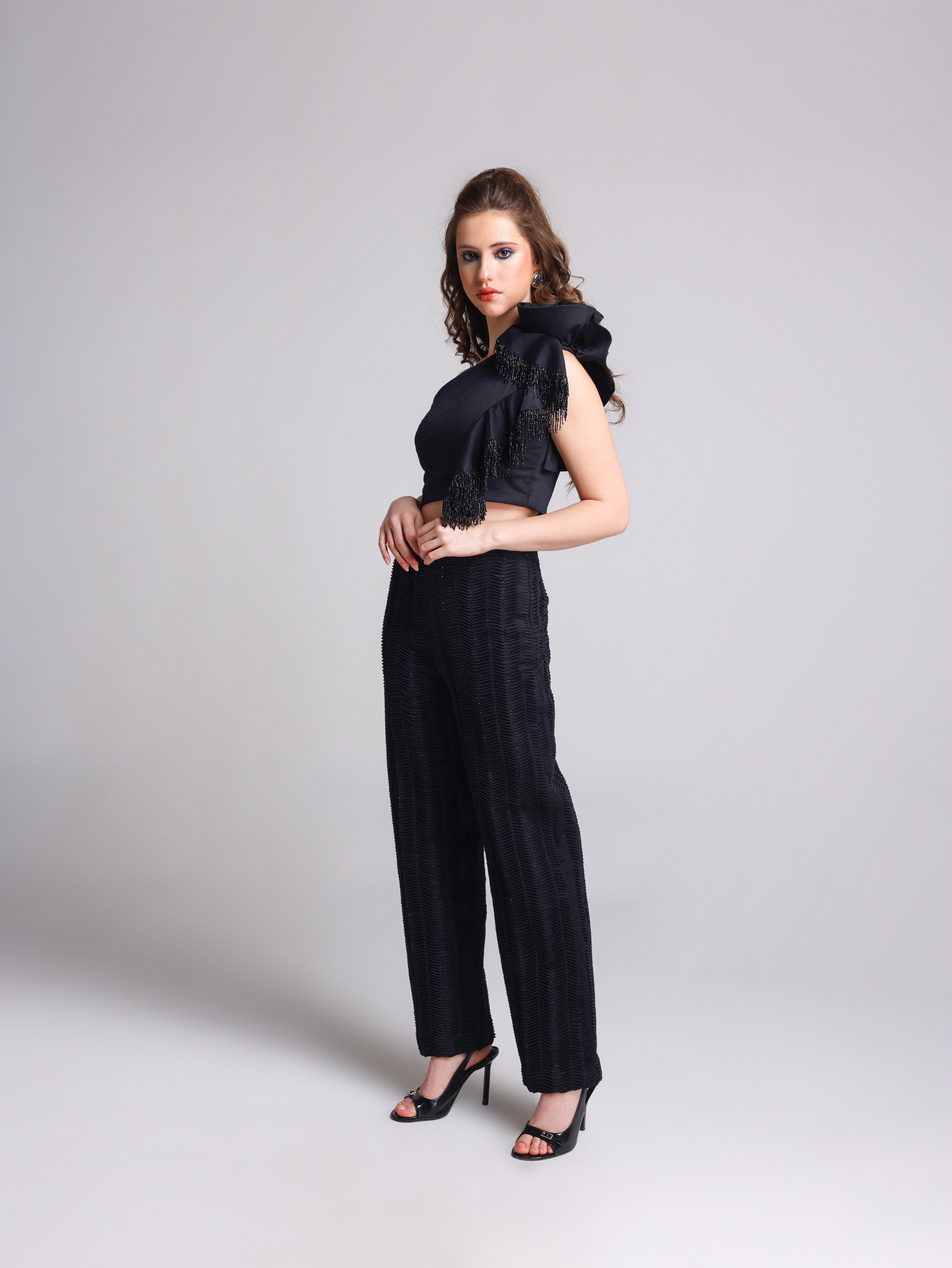 RIVELLE ROSETTE BLACK RUFFLE TOP AND BLACK BLING PANTS SET