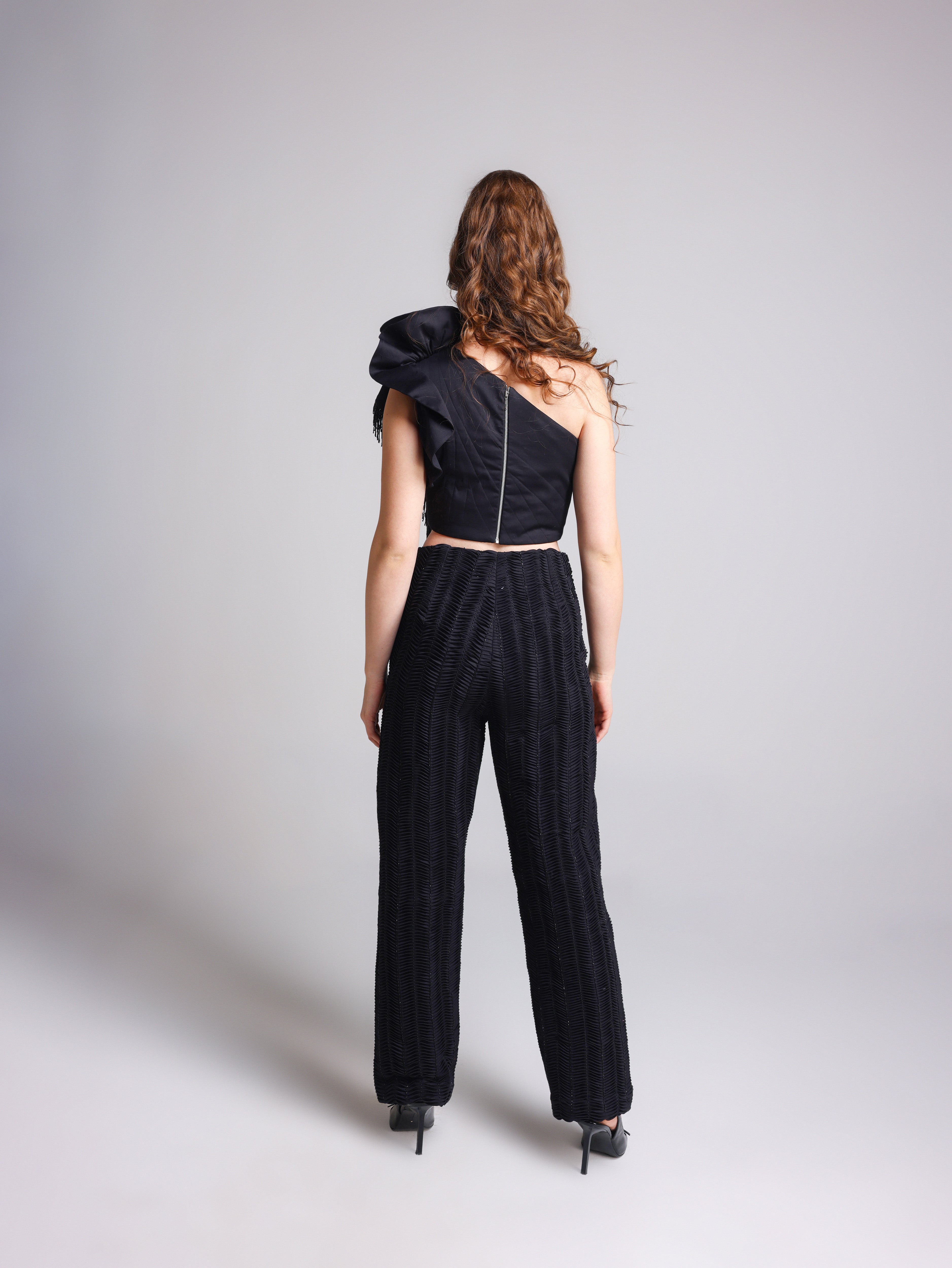 RIVELLE ROSETTE BLACK RUFFLE TOP AND BLACK BLING PANTS SET
