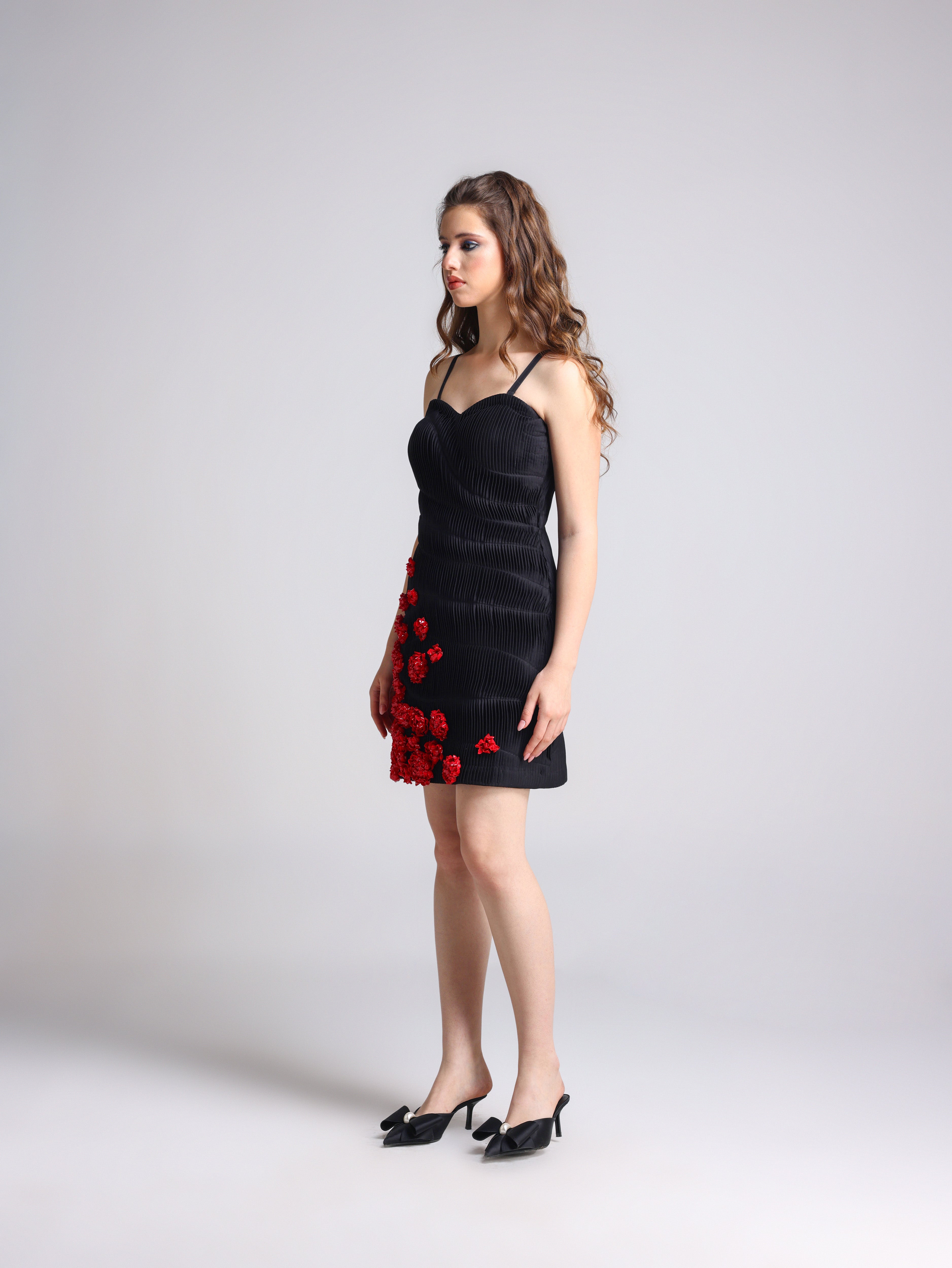 ROSEY BLACK 3D ROSETTE TEXTURED DRESS