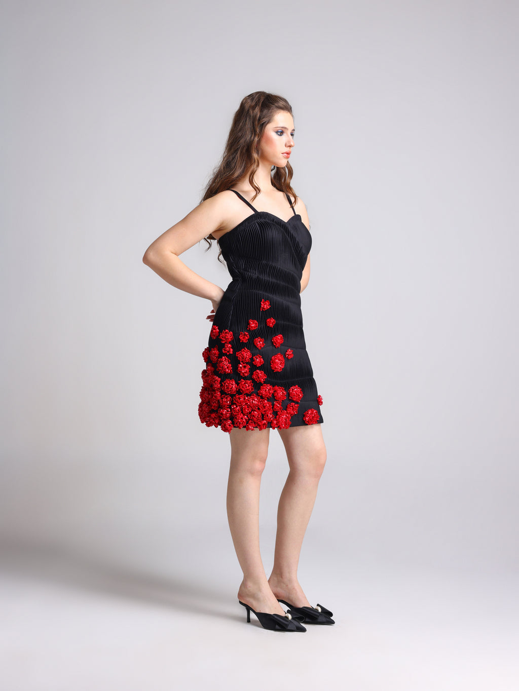 ROSEY BLACK 3D ROSETTE TEXTURED DRESS