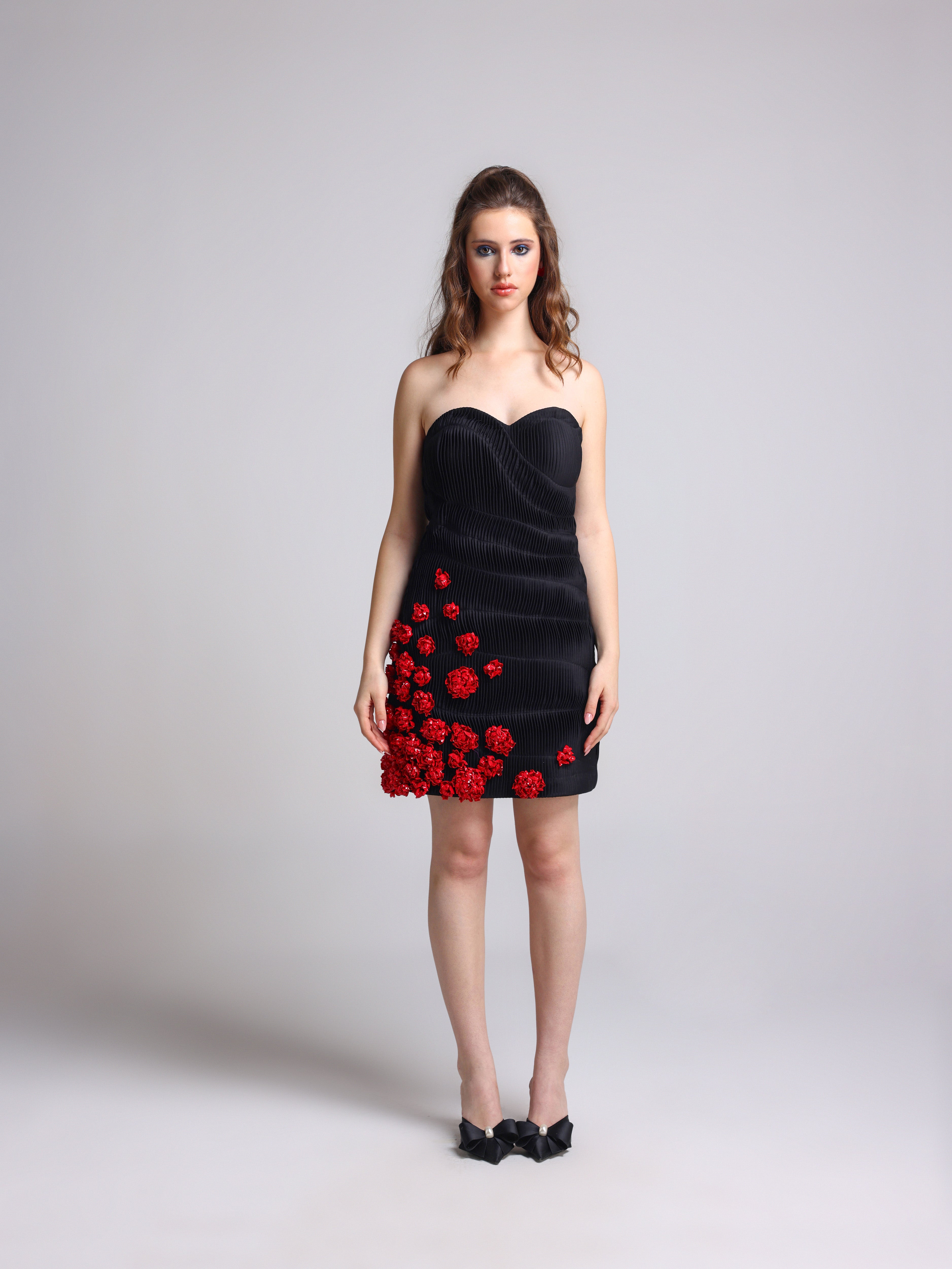 ROSEY BLACK 3D ROSETTE TEXTURED DRESS