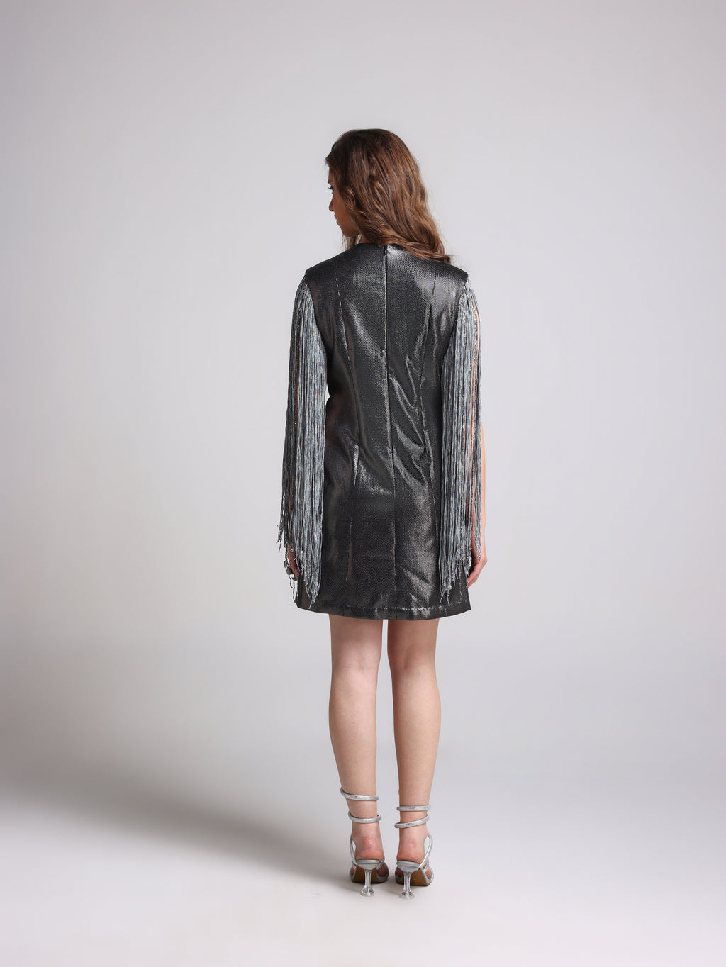 ANYMAA FRINGED BLACK FOIL DRESS