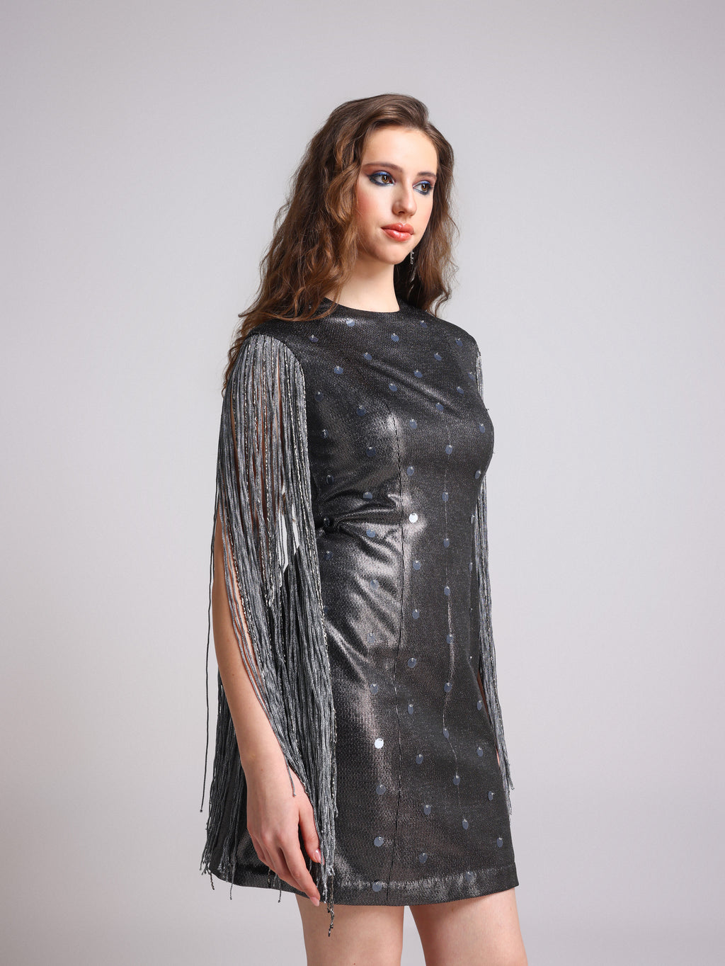 ANYMAA FRINGED BLACK FOIL DRESS