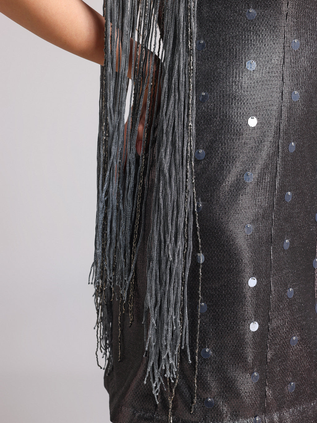 ANYMAA FRINGED BLACK FOIL DRESS