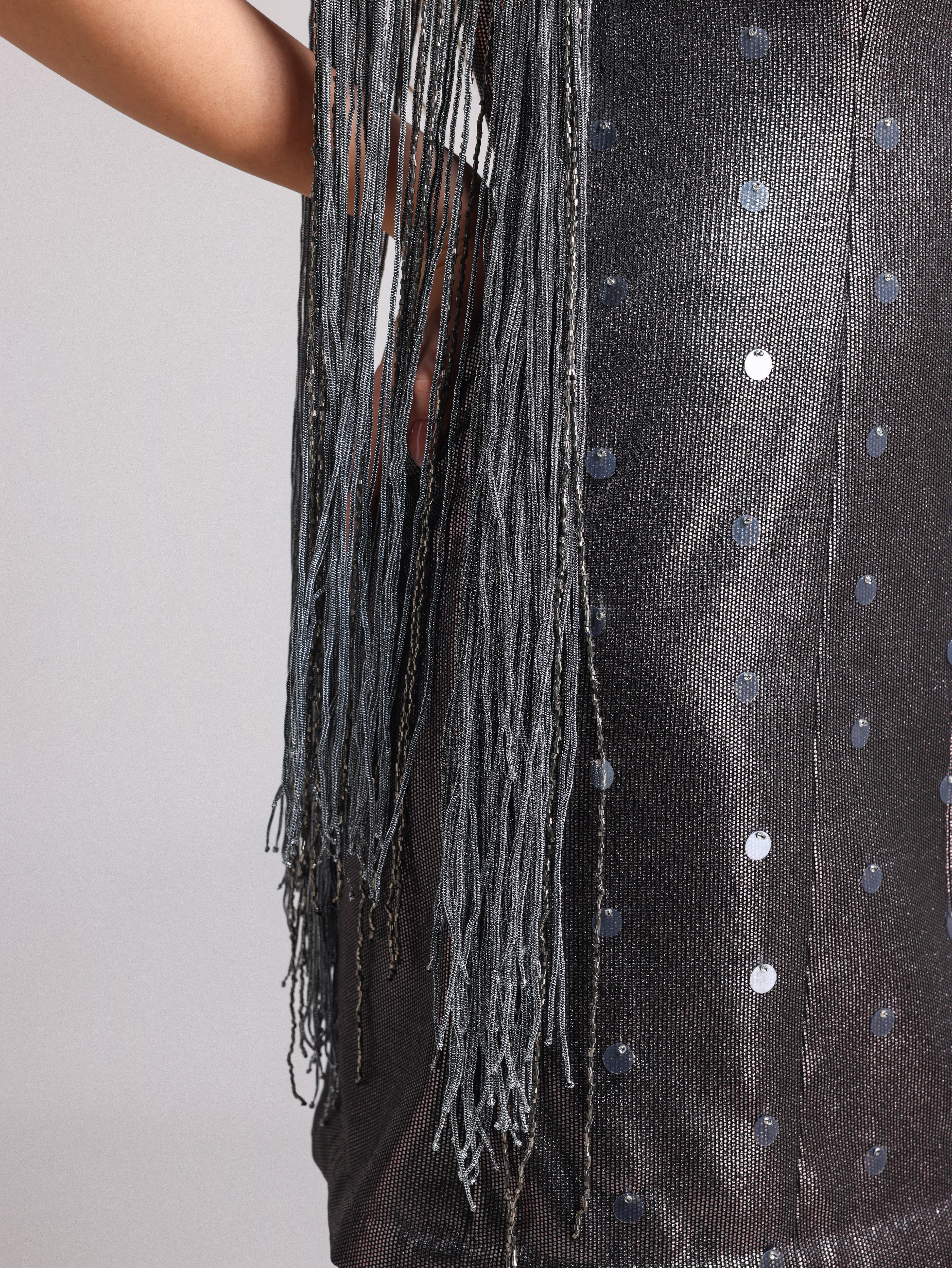 ANYMAA FRINGED BLACK FOIL DRESS